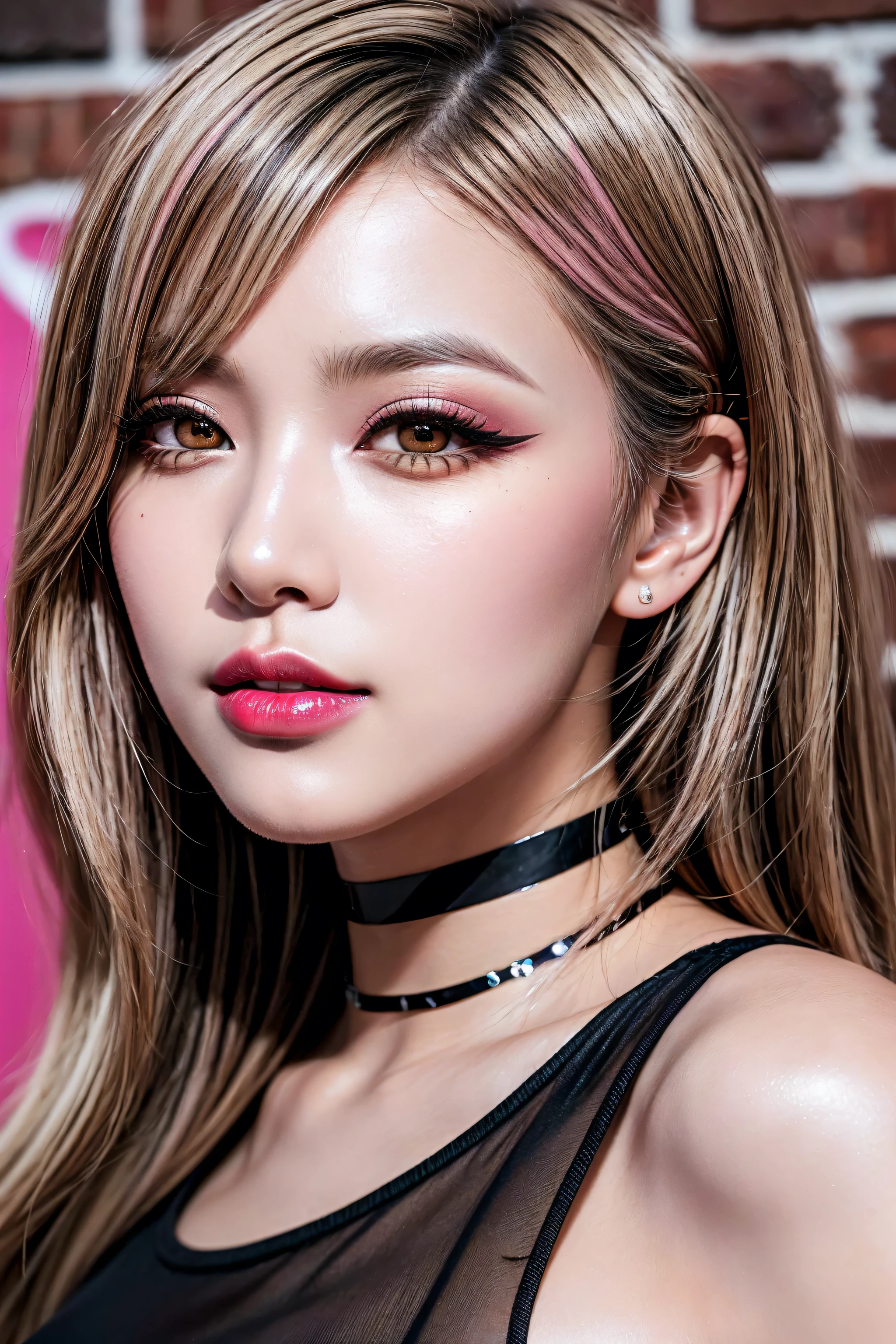 Realistic (photorealistic Realism), (high resolution), ((intricately detailed digital art)), professional photography, ((portrait)) a [Rosé from blackpink], (ultra realistic texture details: velvety skin, hair),(close- up eyes:1.3),((sharp focus, no blurry, high resolution, absurd quality, Realistic brown_eyes:1.4), intricately detailed:1.3), ((extremely fine details eyes)), ((extra narrow eyebrows)), (Carefully draw Long eyelashes), (perfect round eyes:1.3), (finely detailed pupils:1.3), ((extremely fine details pupils:1.3)), ((extremely fine details iris of the eyes:1.3)), (Shining, mesmerizing, Vibrant eyes:1.2), (professional makeup:1.4), ((perfect eyeshadows:1.4)), detailed lips:1.3, (apply glossy red_lipstick:1.34), (pink_makeup:1.3), (beautiful little nose), (perfect proportions:1.2),(small head),(anatomically correct), perfect female body, (firm and full breasts), (Super beautiful), (vivid and colorful), The attention to detail, focus of girl, dynamic pose, sexy and seductive, flirty smile, dslr, high quality split lighting, sharp focus captured by Fujifilm XT3, f 5.6, in a dramatic lighting. (perfect composition), (Style your hair, Long Hair, Blonde, My hair is messy, ((pink)) highlights, has hair on one eye), choker, ((Brick wall, Graffiti)), (oversized shirt,Outside the shoulder, transparent white shirt), exquisite balance of shadows, look at the viewer,