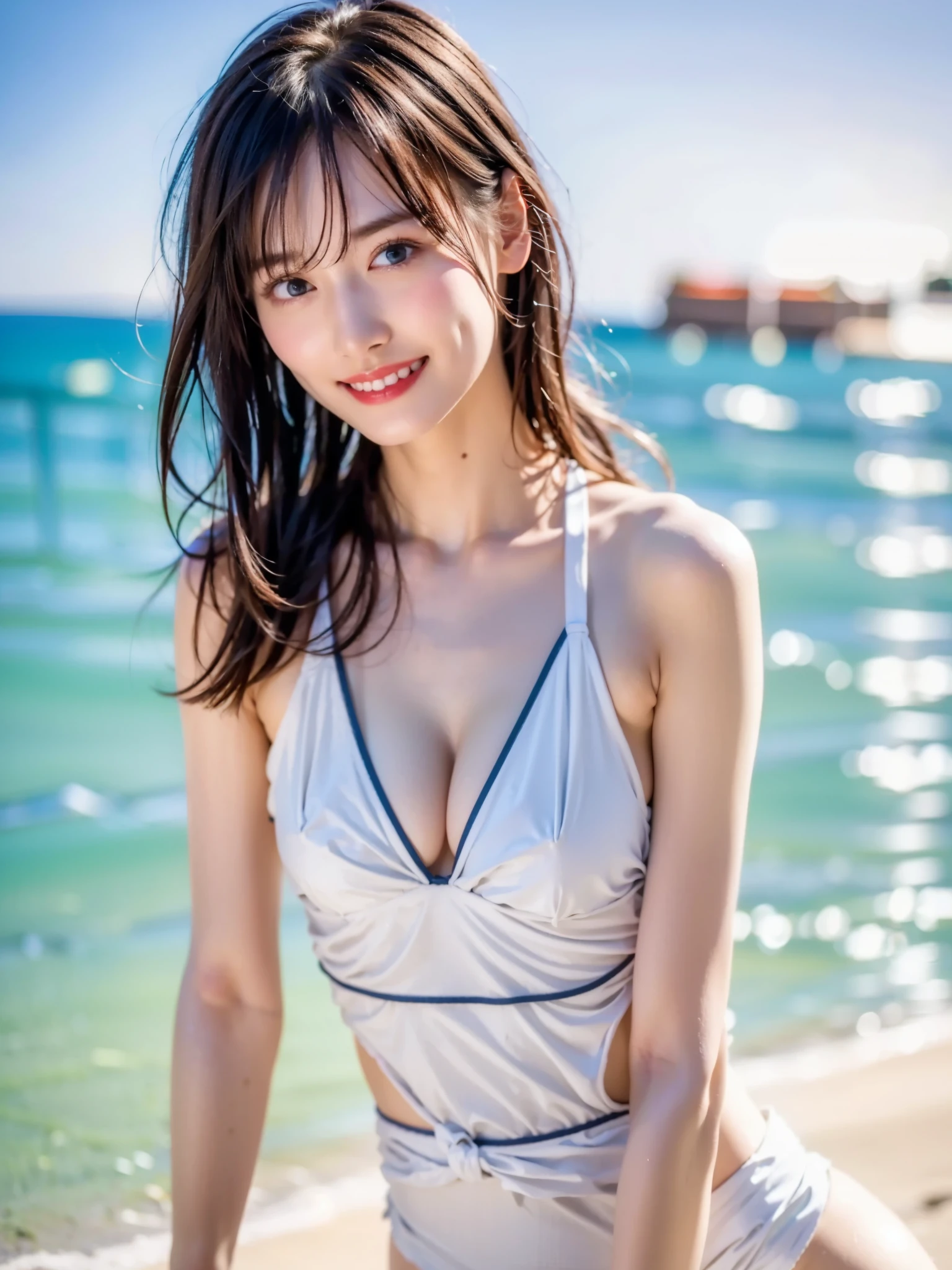 top quality、 Super high resolution 、(Photographically: 1.4)、  beautiful eyes、 1 elegant mature woman、 very beautiful 、  shiny hair、 face flipping through clothes、A whole lot of smiles、((medium hair)), ( Gravure Shooting 、 Gravure Poses),  swimsuit:1.4,  ocean ,  ocean 水浴場,  White Sand Beach , White Beach, (カラフルな swimsuit、 swimsuitのデザインはお任せ:1.5)