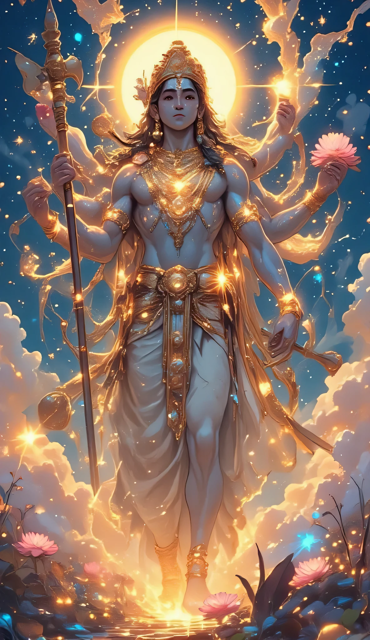 Create an image of Hindu God Vishnu in which his divine form is visible, the form of Lord Vishnu is shining among the stars in the universe, Lord Vishnu has four hands, in one hand he is holding a divine mace, in the second hand he is holding a lotus flower, in the third hand he is holding a Shankha, in the finger of the little hand he is holding a Chakra, wearing a full golden dhoti, wearing gold ornaments around his neck, wearing a gold crown on his head