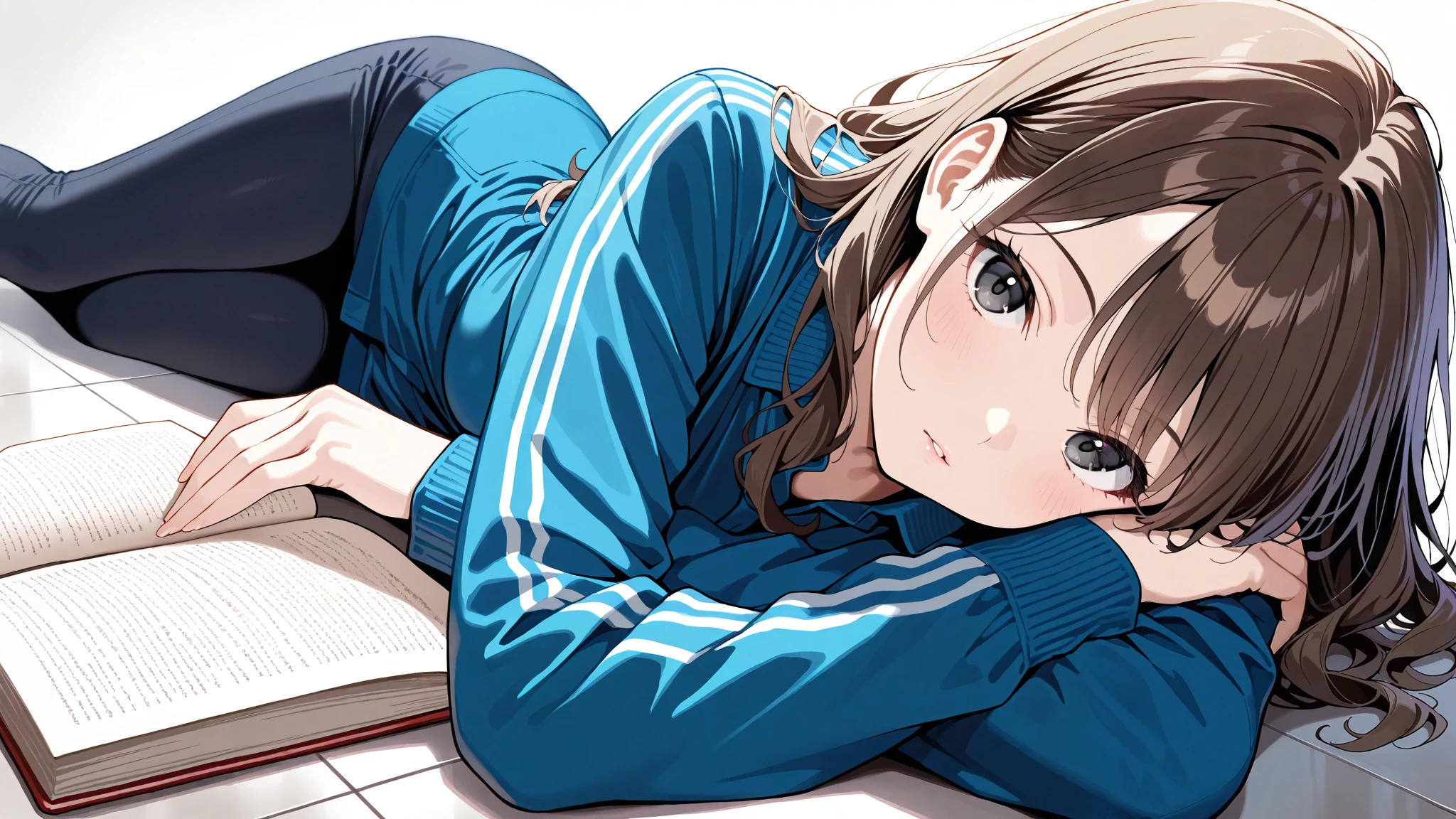 1girl,solo, blue jacket, arm support,relaxing arm, spread, upper body, feet out of frame,holding book, long sleeves, long hair, black eyes, brown hair, wavy hair, arm on the ground, on stomachs, parted lips, smooth lips, detailed eyelashes,  ceramic ground,looking at viewer, lying ,masterpiece, best quality, absurdres, highres, newest