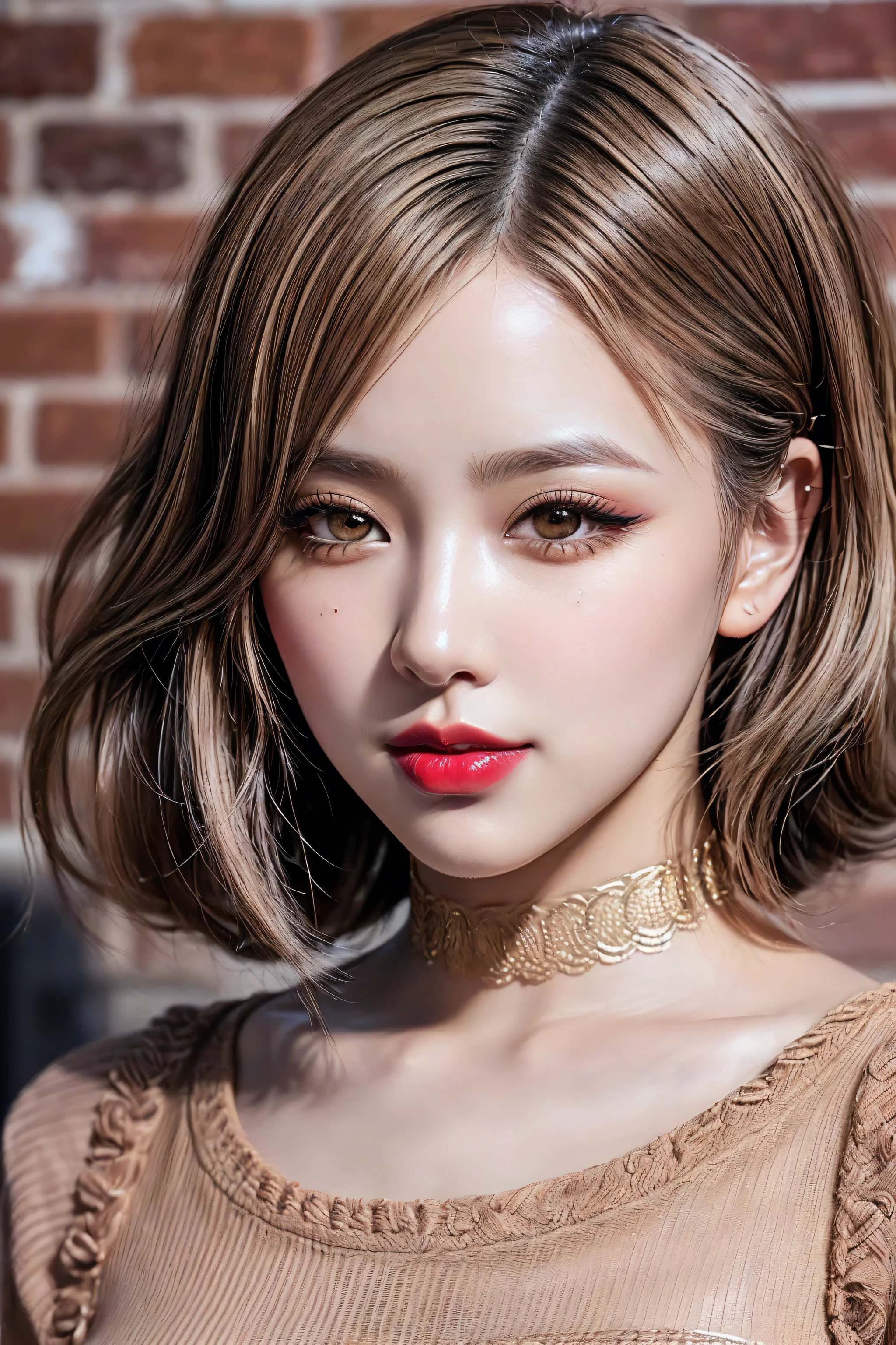 Realistic (photorealistic Realism), (high resolution), ((intricately detailed digital art)), professional photography, ((portrait) a kpop idols, [Rosé from blackpink]:1.3), (ultra realistic texture details: velvety skin, hair),(close- up eyes:1.3),((sharp focus, no blurry, high resolution, absurd quality, Realistic brown_eyes:1.4), intricately detailed:1.3), ((extremely fine details eyes)), ((extra narrow eyebrows)), (Carefully draw Long eyelashes), (perfect round eyes:1.3), (finely detailed pupils:1.3), ((extremely fine details pupils:1.3)), ((extremely fine details iris of the eyes:1.3)), (Shining, mesmerizing, Vibrant eyes:1.2), (professional makeup:1.4), ((perfect eyeshadows:1.4)), detailed lips:1.3, (apply glossy red_lipstick:1.34), (pink_makeup:1.3), (beautiful little nose), (perfect proportions:1.2),(small head),(anatomically correct), perfect female body, (firm and full breasts), (Super beautiful), (vivid and colorful), The attention to detail, focus of girl, dynamic pose, sexy and seductive, flirty smile, dslr, high quality split lighting, sharp focus captured by Fujifilm XT3, f 5.6, in a dramatic lighting, (perfect composition), (Style your hair, short hair, golden hair, curls at the ends of the hair, hair above one eye,(short blonde, combed to the side)), choker, ((Brick wall, Graffiti)), (oversized shirt,Outside the shoulder, transparent white shirt), exquisite balance of shadows, look at the viewer,
