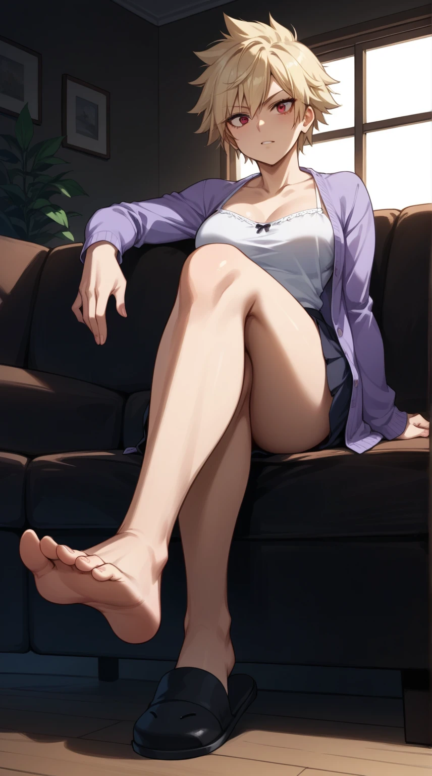 score_9,score_8_up,score_7_up,score_6_up, source_anime, woman, dynamic pose, short hair, blonde hair, spiked hair, red eyes, purple cardigan, white camisole, black miniskirt, living room, couch, soft lighting, skirt, black slippers, sitting, crossed legs, foot focus,