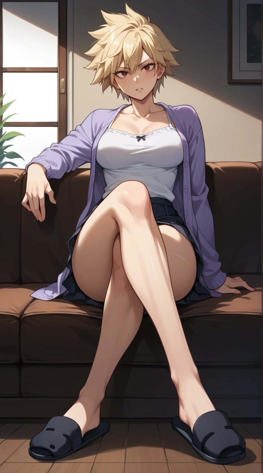 score_9,score_8_up,score_7_up,score_6_up, source_anime, woman, dynamic pose, short hair, blonde hair, spiked hair, red eyes, purple cardigan, white camisole, black miniskirt, living room, couch, soft lighting, skirt, black slippers, sitting, crossed legs, foot focus,