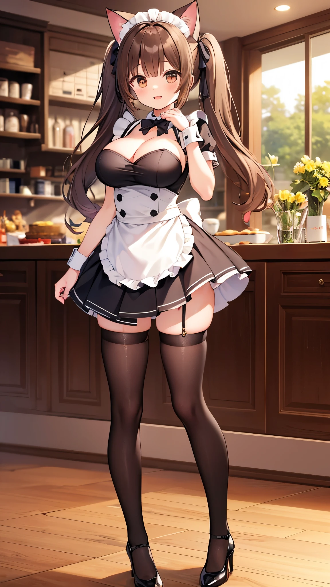 (1girl in), Long Wave Hair、dark brown hair, Amazing face and eyes,(natural make up)、(Brown eyes), medium large breasts、(High school uniform with wide open chest:1.1)、bared  chest, (amazingly beautiful girl), Styliška Chusha、Ruffle style costumes, (Maid Cafe Costume, Pleated mini-skirt:1.5), (Best Quality:1.4), (Ultra-detailed), (extremely detailed CG unified 8k wallpaper), ((Stylish maid café)), Maid Cafe Popular Staff, (Light yellow panties)、(((The skirt is rolled up by the wind)))、((buttocks visible))、((embarassed expression))、((Butt sticking out pose))