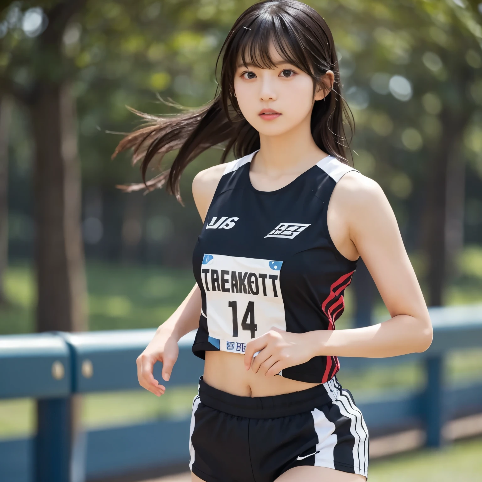  girl, busty,  black hair,  straight hair,  with bangs, track and field uniform, Running Wear,'s greatest masterpiece,  professional lighting,