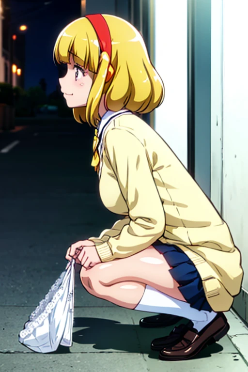 Yayoi Kose,  short hair,  blondes, (Good Eyes:1.3),  hair band , white  hair band ,  embarrassing,,
Ripping a skirt,  school uniform, socks,  cardigan, irogaoka middle  school uniform, yellow  cardigan,  pleated skirt ,  blue skirt, top quality , masterpiece, Super high resolution, (reality: 1.4), Original photo, 1 young girl ,  very short:1.3， **ddler figure ， flat chest，smile，Plump body, , Cinema Lighting,  exact number of fingers 、Exact number of legs、(Number of arms :1.0, Exact number of hands:1.0), (perfect hand,  Perfect Anatomy),  like a movie , reality,  very detailed CG pinching boob,   Night Lighting ,  perfect lighting,  best shadow,  best natural light , smile, (huge breasts:1.2), chest pocket ,(( show off their panties:1.3)), , ( sexy and cute panties ), (Polished and shiny panties:1.2),  side tie panties,  lace panties:1, Juicy line， embarrassing気持ち, (:1.2), ( Embarrassed Expression:1.4), (Woman showing her panties in a crouching pose on the street in an entertainment district at night :1.3),  front angle 