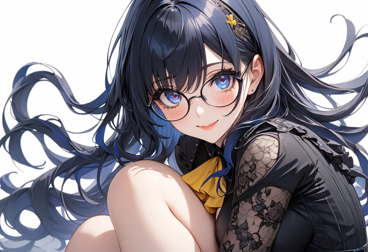 ((dark blue eye,dark blue hair,[yellow inner hair],mole under left eye,Alone)),(masterpiece, best quality, ultra detailed,  highres icon,1girl),busty,model-like physique,Alone,white background,big eyes,8k,light makeup,shiny skin,blushing like crazy,glossy lip,very beautiful red nails,,swept bangs,detailed eyes, wearing glasses,((smile)),Goth girl,dress with lace and ruffles,Mole at the bottom of the left eye, Bold Poses, thighs, very beautiful