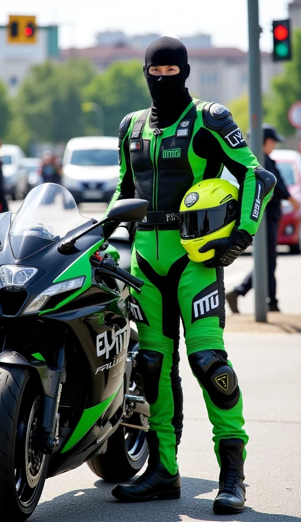 A full-body image of a young, handsome male traffic police officer, clad in a sleek green racing-style leather suit and tactical gear, exuding authority and readiness. He wears a high-visibility racing suit with reflective stripes, a tactical vest, reinforced gloves, long racing boots, and a balaclava. The scene is set on a busy urban street, with vehicles and traffic lights in the background, under bright daylight. The composition emphasizes his commanding presence, as he stands beside a high-performance super sports motorcycle, holding a full-face helmet, ready for action. The scene blends realism with a professional, authoritative vibe, capturing the essence of a dedicated traffic police officer