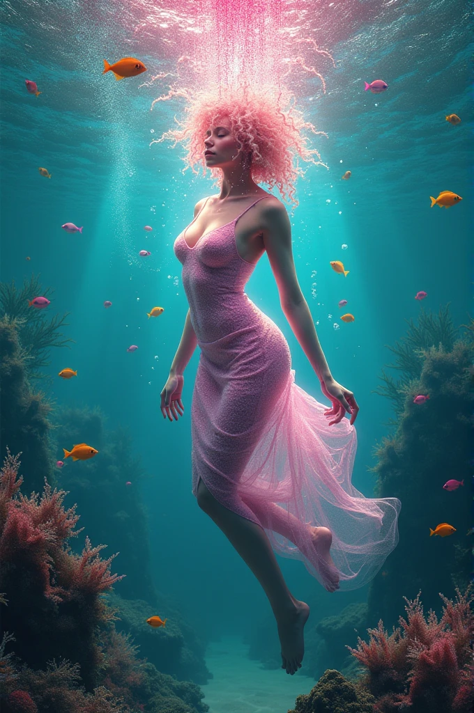 underwater full body Full shot Photo of wet water dancing Exotic insanely gorgeous delicate brown skinned Haitian fitness model in a sultry long neon green sultry minimalist dress and designer high heel boots with neon fluorescent pink neet dreadlock ponytail water dancing to build energy for highly visible neon life force in left hand forming a orb while water dancing on beautiful Highly detailed ocean floor accompanied by loyal pet great white shark highly visible and coherent hypnotically circling water dancer shot, busy aquatic Life style, real life exotic underwater photo shoot, dramatic lighting fantasy, seductive dark fantasy, award winning underwater fashion photo, random dramatic powerful sultry dancing pose, sharks fish and other marine life forms seen highly visible, 37k uhd. --auto