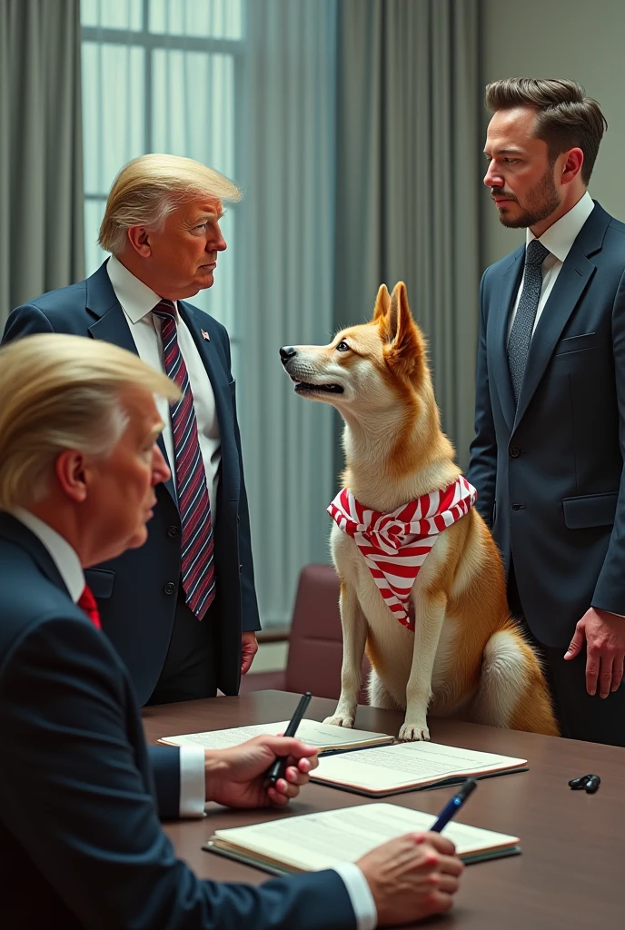 (Photorealistic) Doge, smiling, extra muscular physique like a bodybuilder, in a meeting with Doanld Trump and Elon Musk, japanese flag subtly visible in background