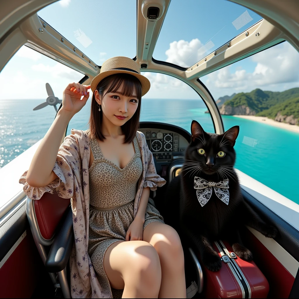 ltra-realistic, photorealistic, dramatic scene, shadow, global-illumination, solo, 1 girl\( 20 years old Japanese beautiful girl, beautiful with cute face, wearing a cute patterned one-piece dress with long skirt, pastel camisole, shoulder-length brown hair, accessories, simple sneaker, elegant hat\), 1 human-like giant black cat\( human-like giant black cat, bow tie, wearing a conservative aloha-shirt, slight taller than the girl, with her, wearing an dark colored aloha-shirt, holding a large suits case, little chubby\), the girl and human-like giant black cat are sitting at the cockpit of the latest stylish private flying boat moored at the private seaplane port, the cat is piloting a latest flying boat with single propeller, monoplane, flying in the sky, amazing view of beautiful beach in the resort island from the sky, complicated meter panel at the cockpit