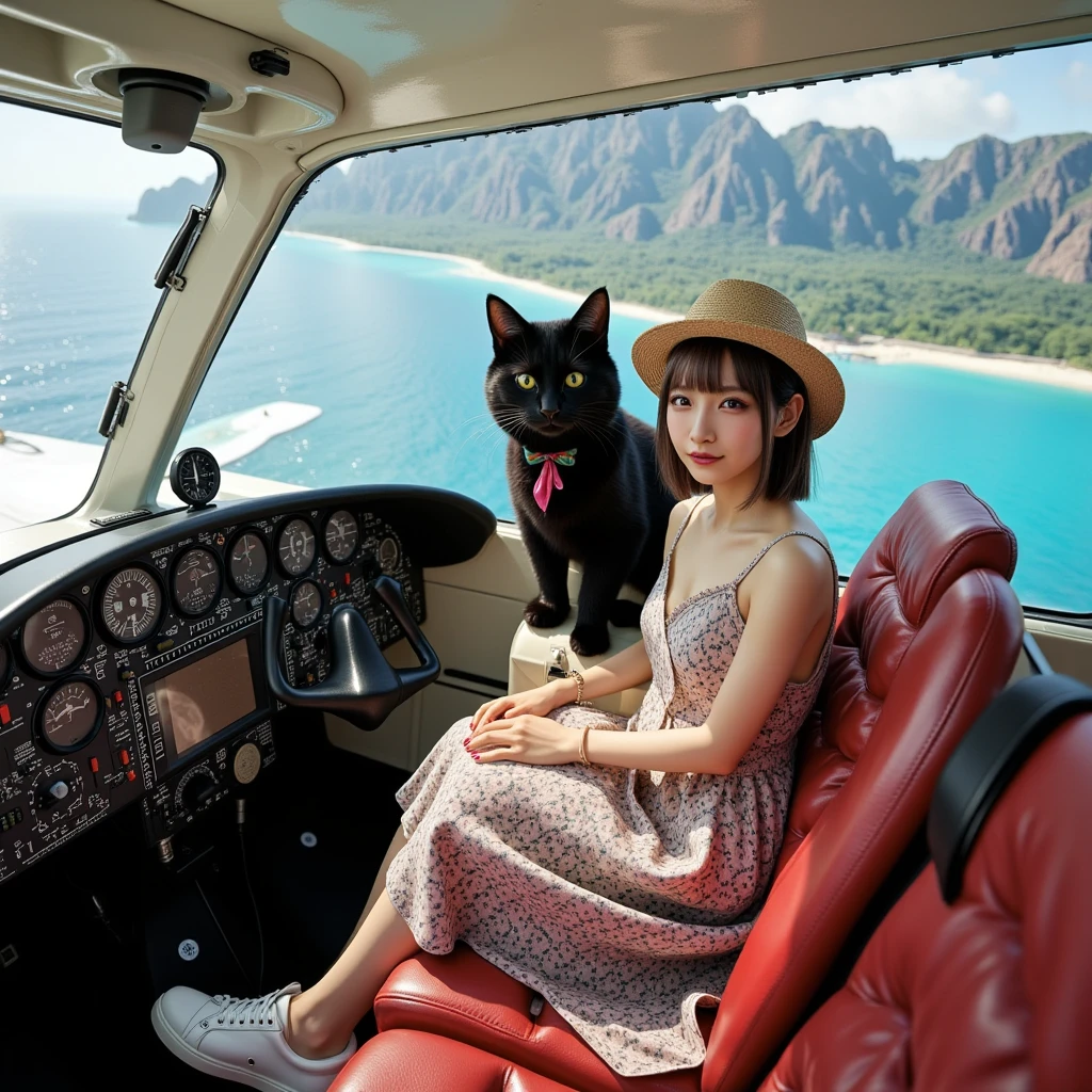 ultra-realistic, photorealistic, dramatic scene, shadow, global-illumination, solo, 1 girl\( 20 years old Japanese beautiful girl, beautiful with cute face, wearing a cute patterned one-piece dress with long skirt, pastel camisole, shoulder-length brown hair, accessories, simple sneaker, elegant hat\), 1 human-like giant black cat\( human-like giant black cat, bow tie, wearing a conservative aloha-shirt, slight taller than the girl, with her, wearing an dark colored aloha-shirt, holding a large suits case, little chubby\), the girl and human-like giant black cat are standing at the private flying boat port, (there is a flying boat with single propeller and equipped wing-mounted floats taking off from the sea), monoplane