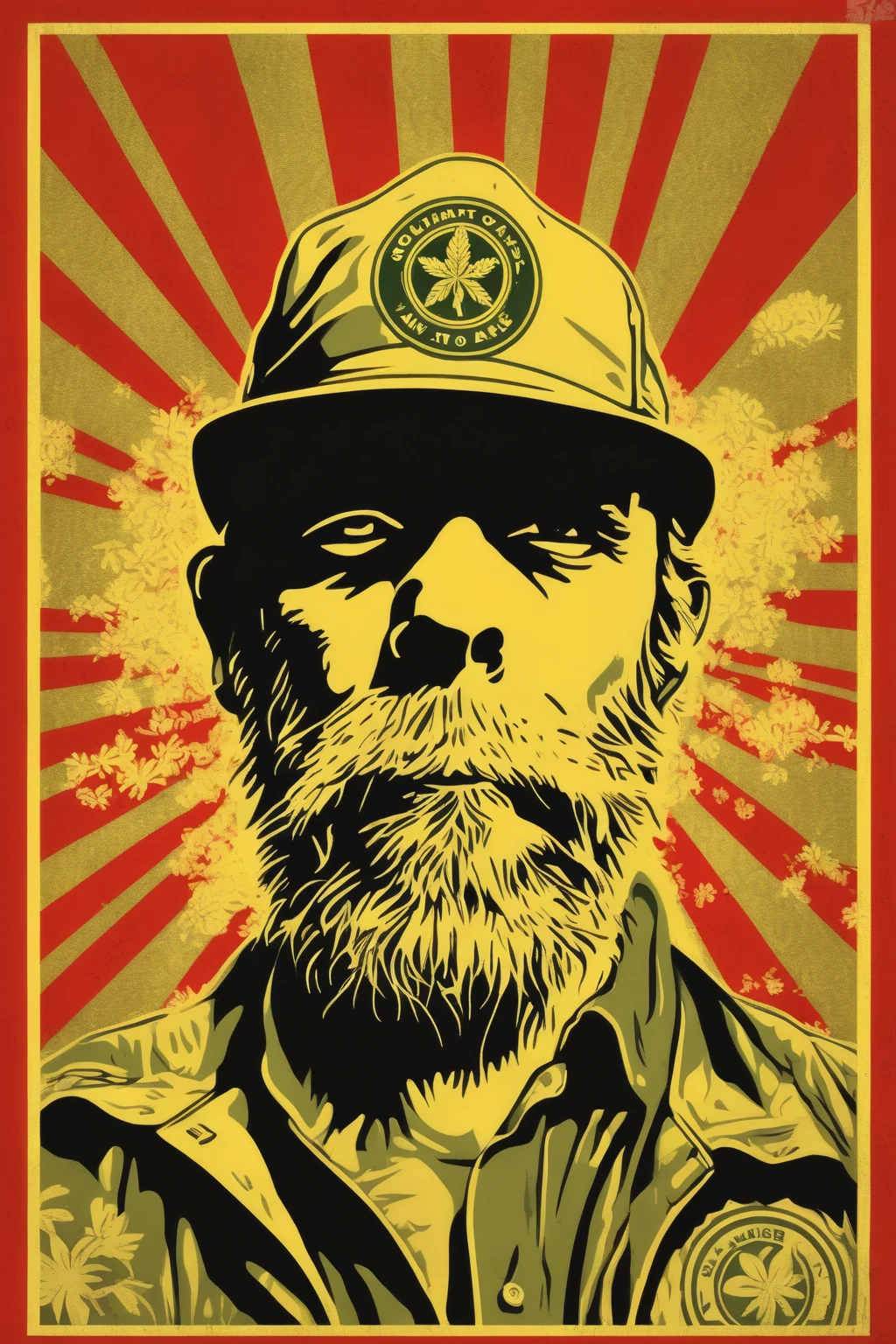 Shepard Fairey Style - a single color image of a catpiss weed farmer