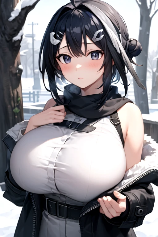 best quality, ultra high resolution, a cute and beautiful girl，(huge breasts)， blush， cute，lapluma , black hair, short hair, ahoge, hairclip, sidelocks, hair intakes, feather hair, hair clip, wing hair ornament, single hair bun, black eyes,  ( up close)，(Shy)，Multiple shadows ，perfectly round breasts，(outdoor)，(Snowy Day:1.2)，(scarf)，(coat:1.3)，