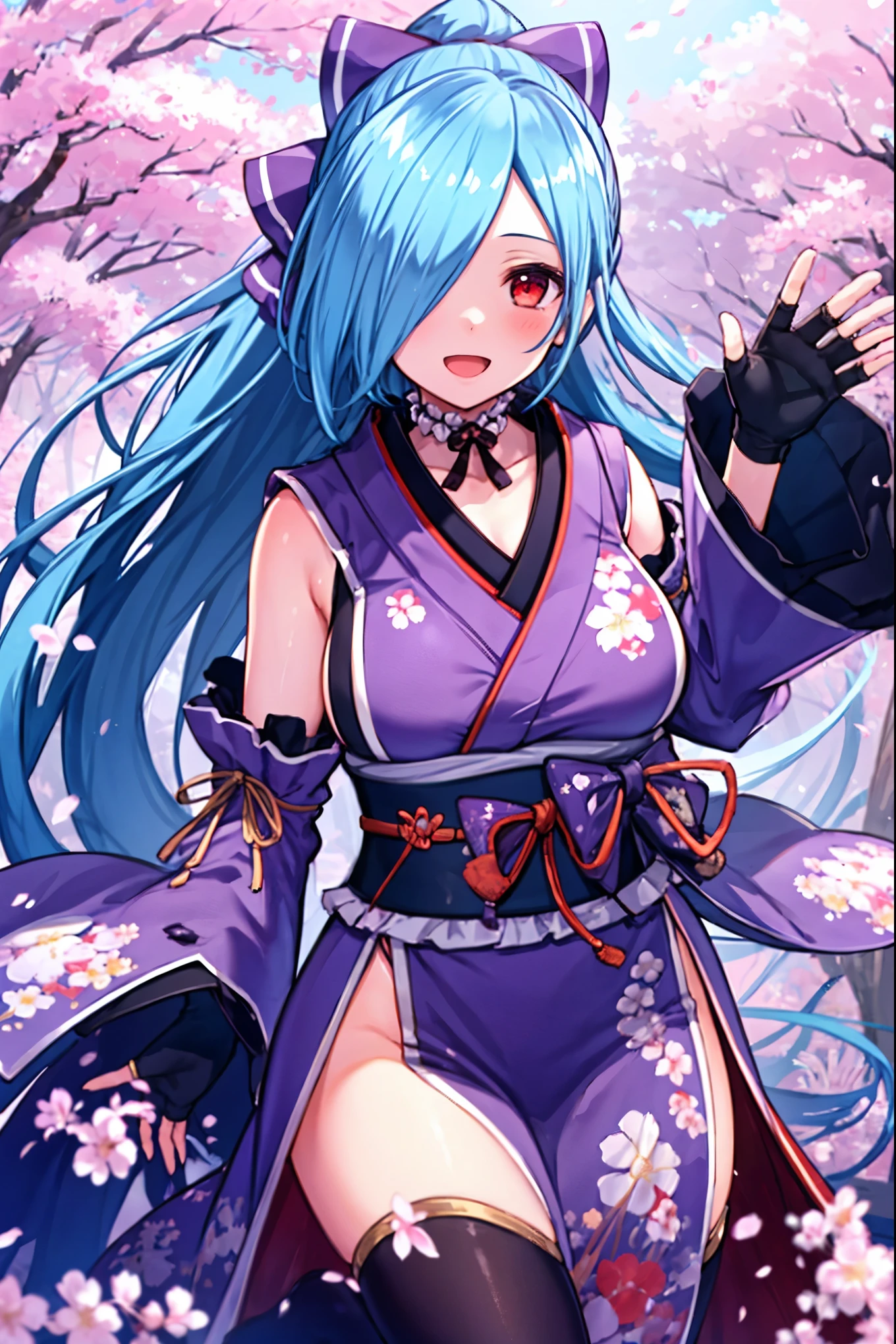 masterpiece, best quality, (1girl, solo),
yamato iori, 1ung_teirl, virtual youtuber, solo, gloves, bow, hair bow, long hair, hair over one eye, thighhighs, blue hair, fingerless gloves, red eyes, japanese clothes, full body, detached sleeves, ponytail, looking at viewer, black gloves, very long hair, (heavy&soft_large_breasts:1.4), purple bow, kimono, smile, open mouth, transparent background, standing, sash, obi, purple kimono
blush,cherry blossoms,
( outdoors, forest, upper body, dynamic pose, looking at viewer, ),plump