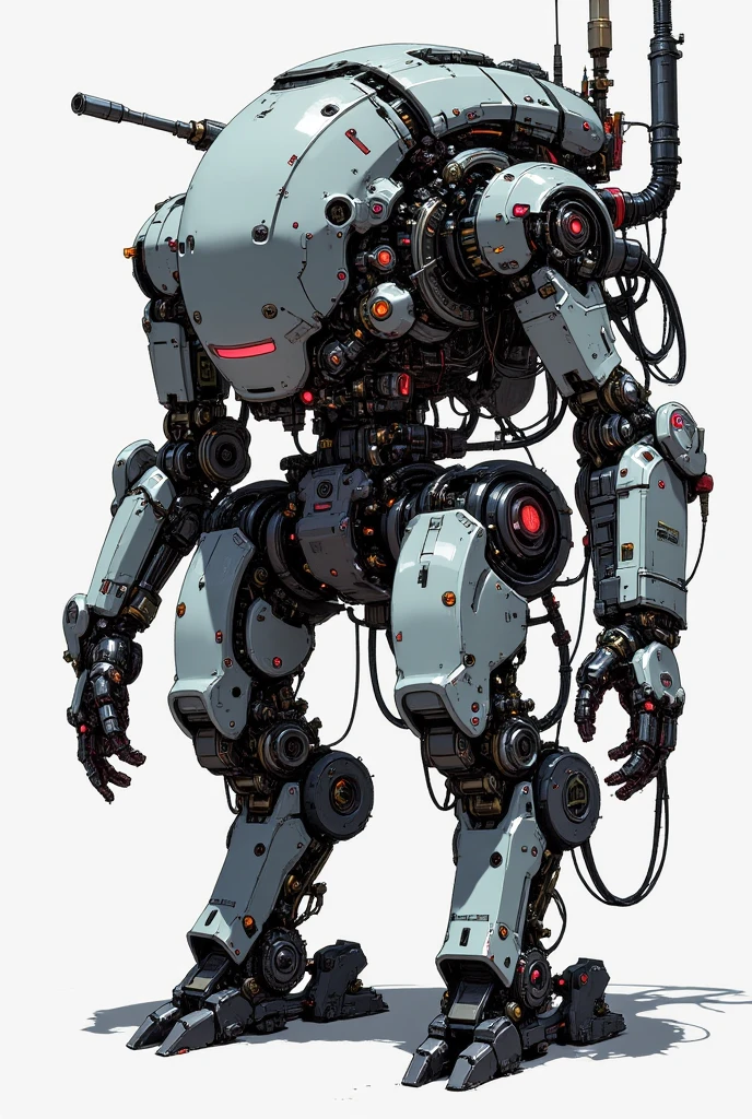 The image depicts a fragile and otherworldly sketch of a futuristic mechanical being, a cross between a vehicle and a robotic beast. Its design is detailed and sophisticated, displaying a range of mechanical elements that contribute to a steampunk look. The machine's forefront features a rounded, dome-shaped section with various antennas and sensors, akin to an insect's head or a scouting pod. It stands on articulated legs with clawed extremities for movement. The machine's elongated torso is adorned with multiple cylindrical containers, conduits, and apparatuses, suggesting an industrial function.
