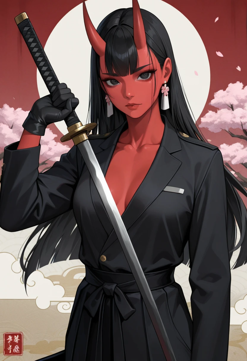 Aka-Oni, oni, colored skin, red_skin, straight horns, long hair, uncensord, collarbone, cherry blossom, painting the cloud, looking at viewer, holding katana, black eyes, ,one weapon, black uniform, earrings, jewelry ,one sword, gloves ,female ,holding ,holding weapon