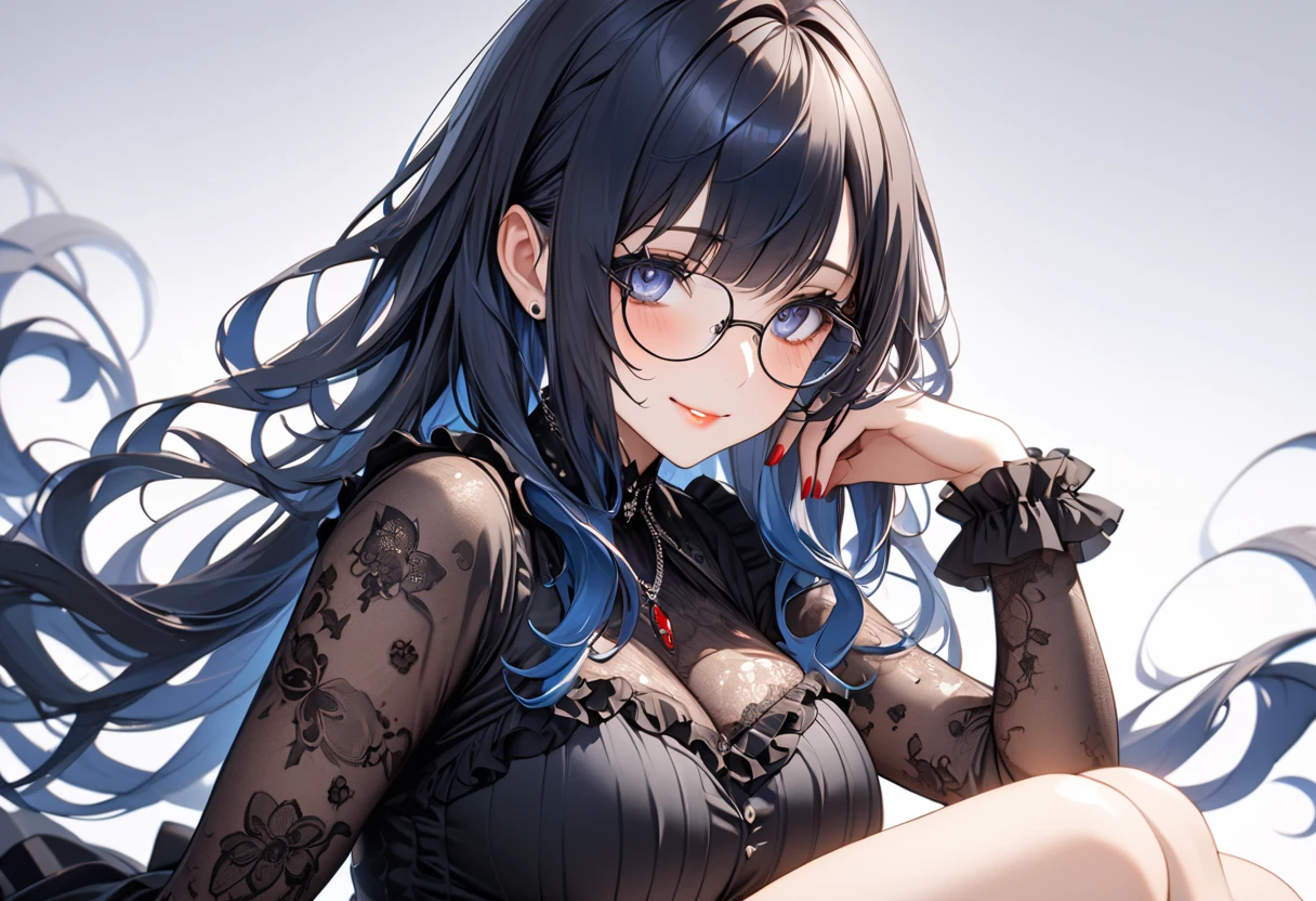 ((dark blue eye,dark blue hair,[yellow inner hair],mole under left eye,Alone)),(masterpiece, best quality, ultra detailed,  highres icon,1girl),busty,model-like physique,Alone,white background,big eyes,8k,light makeup,shiny skin,blushing like crazy,glossy lip,very beautiful red nails,,swept bangs,detailed eyes, wearing glasses,((smile)),Goth girl,dress with lace and ruffles,Mole at the bottom of the left eye, Bold Poses, thighs, very beautiful