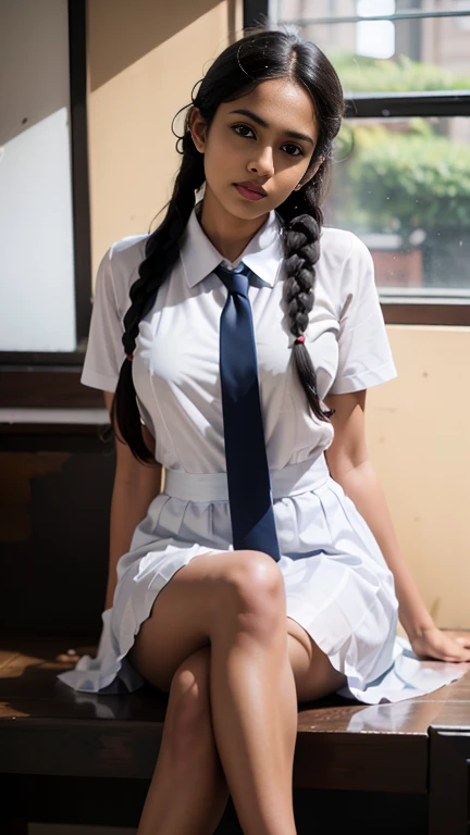 Raw photo , 1 girl ,Wearing white frock and color tie, white shoes, ((teen school girl studying on on in the classroom)), with plait, biggest breasts size , professional photographer, (hdr:1.4), masterpiece, ultra-realistic 8k, perfect artwork, intrincate details, cute face, award winning photograph, (Best quality, 8k, 32k, Masterpiece, UHD:1.3) ,