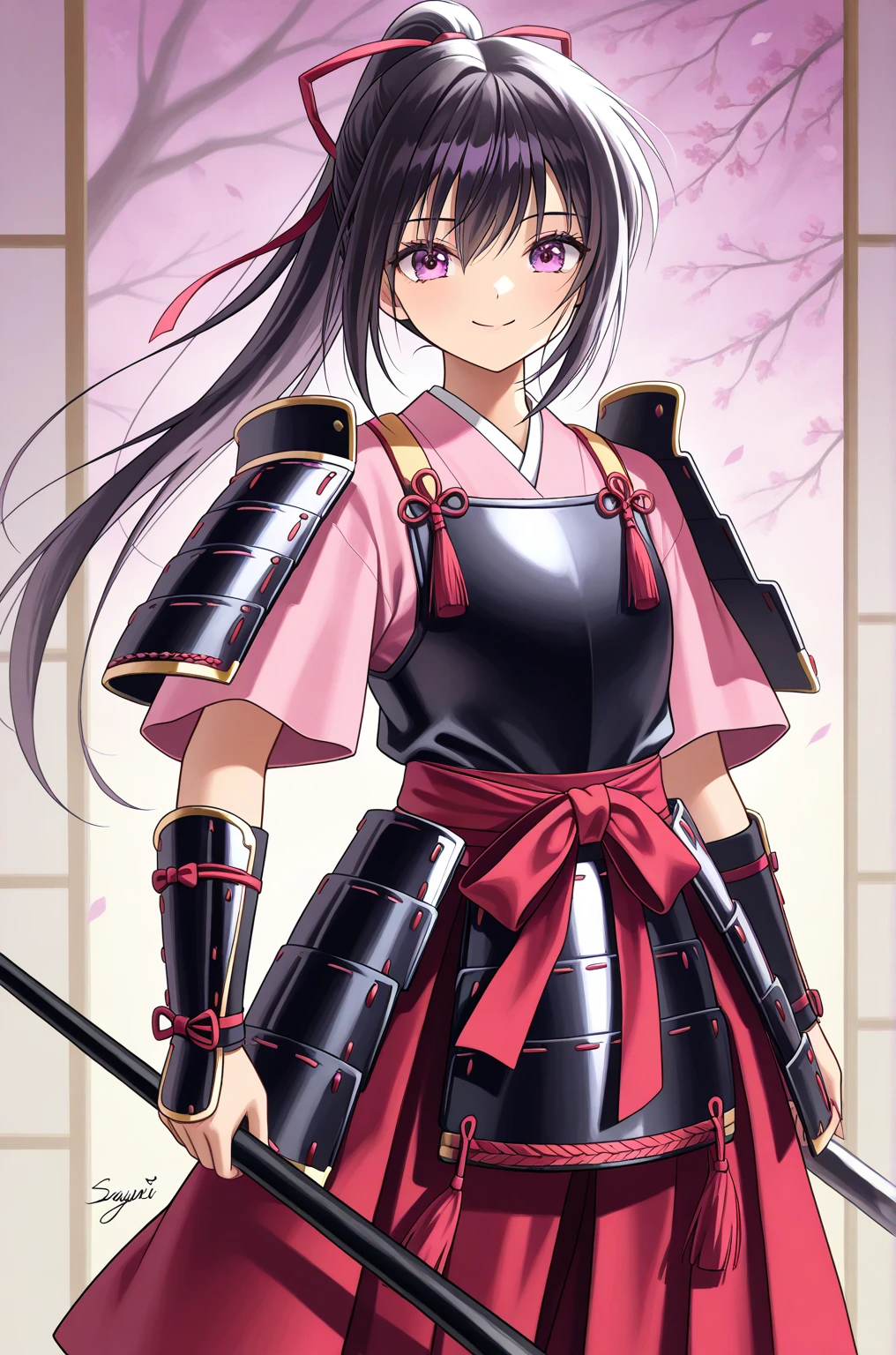  top quality , 's greatest masterpiece,  Highest Resolution ， (Traditional Japanese Samurai Armor), (Kurata Sayuri _kanon), （Moonlit Night_background），smile， pretty eyes， young woman，4K, （Only one person）， standing alone， holds a spear，(whole body)， anime style ，  hyper-detail, ( intricate details ),