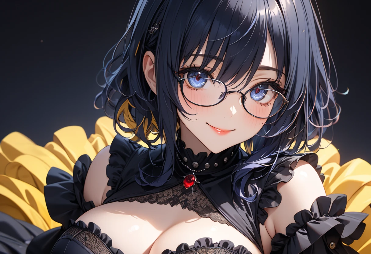 ((dark blue eye,dark blue hair,[yellow inner hair],mole under left eye,Alone)),(masterpiece, best quality, ultra detailed,  highres icon,1girl),busty,model-like physique,Alone,white background,big eyes,8k,light makeup,shiny skin,blushing like crazy,glossy lip,very beautiful red nails,,swept bangs,detailed eyes, wearing glasses,((smile)),Goth girl,dress with lace and ruffles,Mole at the bottom of the left eye, Bold Poses, thighs, very beautiful