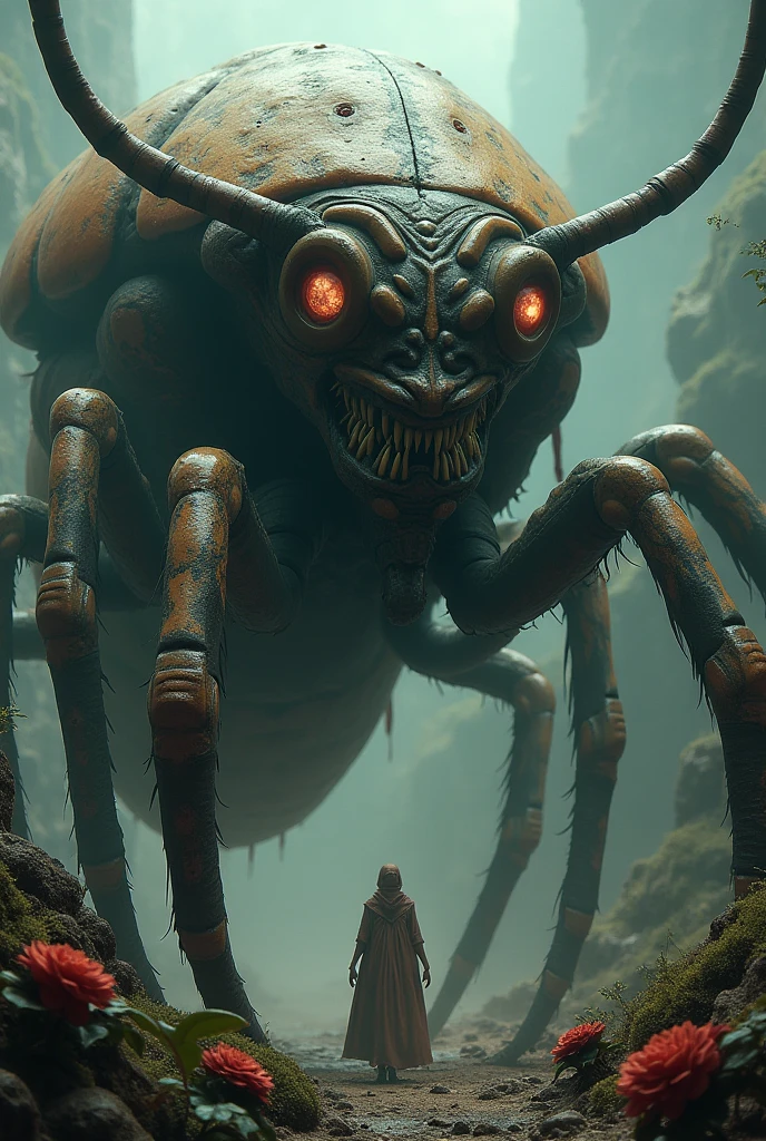 close up of a dark red creature with horse hooves, centipede arms, and owl eyes staring from on a hill in the distance