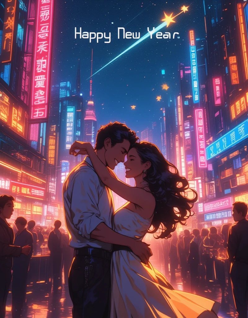 "Happy New Year" will be displayed on the screen as a header. 
†.:ﾟ☆ﾟ:.+City Pop 80s Retro Style Art+.:ﾟ☆ﾟ:.† , City pop vintage style, 

In the neon lights
A starlit city,
A cocktail night with a swaying dress,
Shooting Star Neon Sign, Neon tube shooting star, 
The two of us dance in the moonlight

Feel the beat to the rhythm
My sweet emotion shines
Dreaming until dawn,
The city lights light up my heart, 
I feel the love, 
Your smile, 

The starry sky blesses

Dance to the rhythm 
A twinkling shooting star, 

This love is never-ending
Midnight love, forever, 
City Pop 80s Retro Music Lofi,  niji journey style