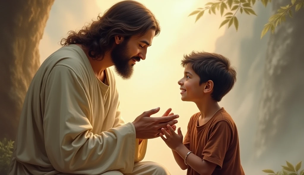 Jesus talking to a boy who is very tensed sitting in a light coloured room on the table