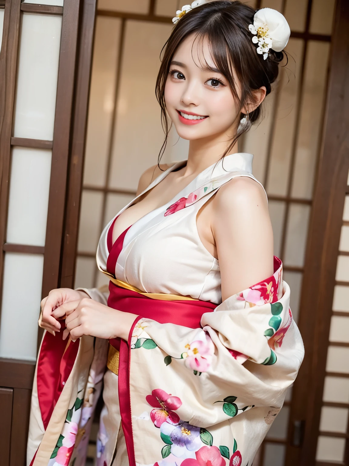 masuterpiece, best quaity, (((Real、photo-realistic:1.37))), ((1man)), 8k , extremely delicate and beautiful, marvelous, Official art with attention to detail, Ridiculous, incredibly absurdres, huge filesize, ultra- detailed, highly detail, (Pretty girl), (detailed girl), Very detailed eyes and face, Beautiful detailed eyes, Light makeup, (1 girl), (Perfect female figure), ((Flower Kui)), slim waist, (The beauty of the Japan), ((all body)), With bangs, fold your hands in the abdomen,, Feminine look, Gentle smile, (Furisode), (japanese kimono), (18 years), Hairpin,