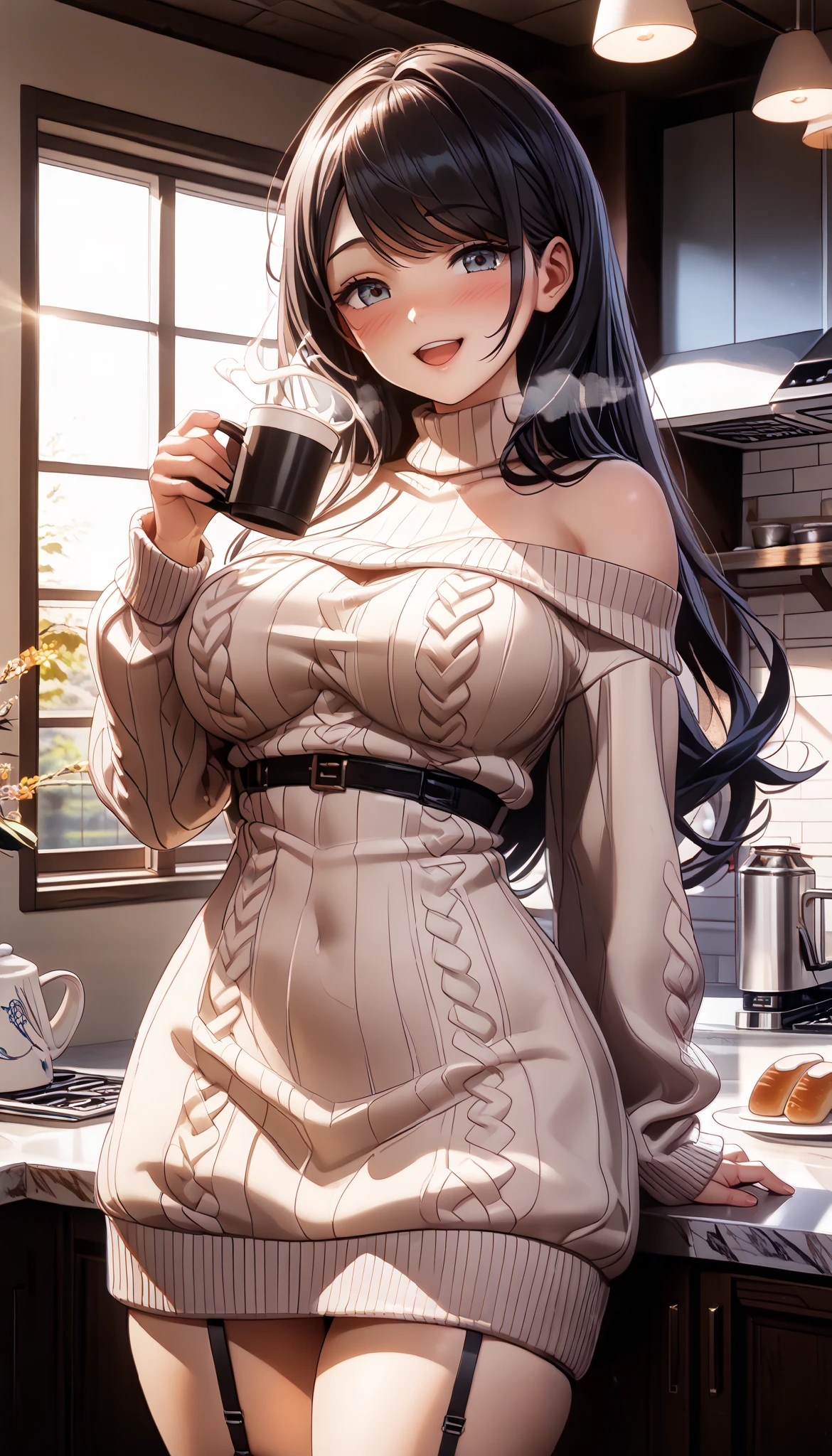 (best quality, masterpiece, ultra detailed, high resolution), (Enrich the picture,Masterpiece level quality)Beautiful 8K CG artwork, 1girl, neat yet sexy girl, (long hair, black hair, swept bangs),
Puffy breasts, sexy yet lewd large hips, curvy shape, ((skindentation)), perfect waist to hip ratio,
BREAK
morning, in the kitchen, arched back, milk, bread, coffee-cup, drinking coffee,
BREAK
window, sunlight,
white breath,
(long sleeve black off-shoulder long sweater: 1.5), (black garter belt),
(blush: 1.3), big smile of joy, open mouth,
cinematic lighting, depth of field,