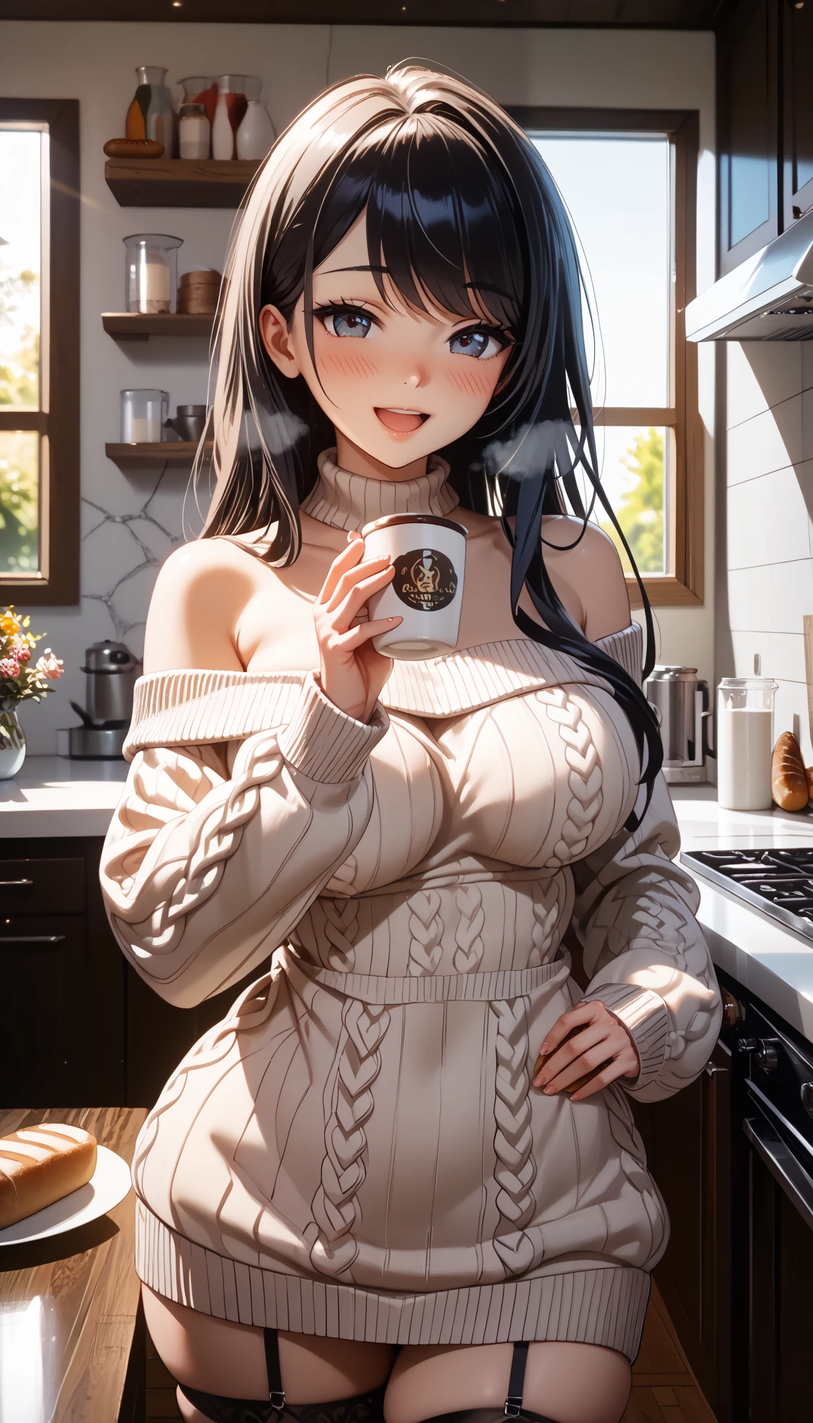 (best quality, masterpiece, ultra detailed, high resolution), (Enrich the picture,Masterpiece level quality)Beautiful 8K CG artwork, 1girl, neat yet sexy girl, (long hair, black hair, swept bangs),
Puffy breasts, sexy yet lewd large hips, curvy shape, ((skindentation)), perfect waist to hip ratio,
BREAK
morning, in the kitchen, arched back, milk, bread, coffee, tea-cup, drinking coffee,
BREAK
window, sunlight,
white breath,
(long sleeve black off-shoulder long sweater: 1.5), (black garter belt),
(blush: 1.3), big smile of joy, open mouth,
cinematic lighting, depth of field,