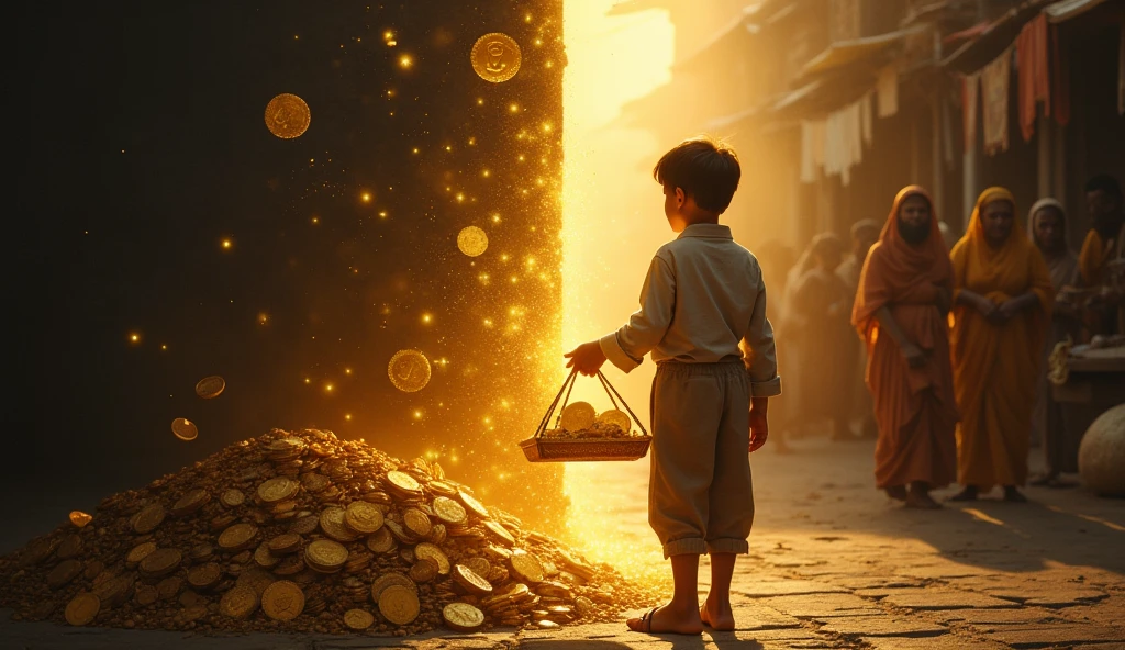 A 2  boy find a treasury and use it to fulfil his needs 