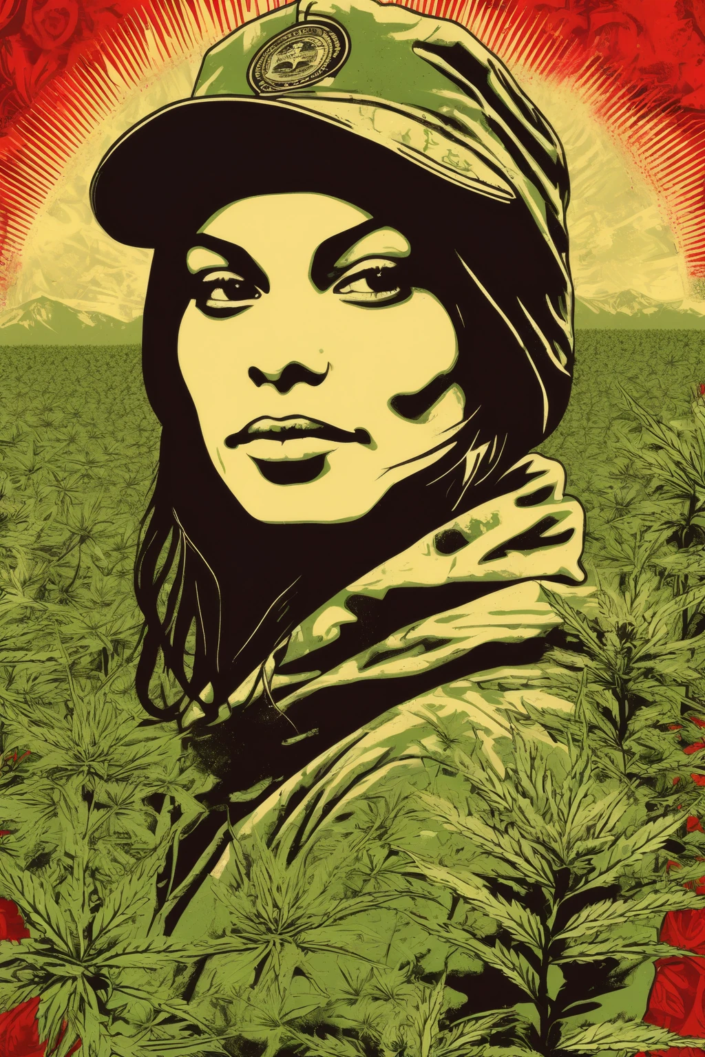 Shepard Fairey Style - a single color image of Jasmin Collective weed farmer