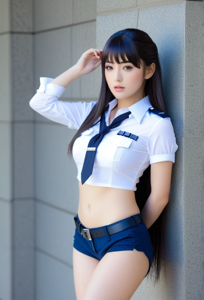 (legs spread:1.5), (shoot from back:1.3), (from below:1.75), (beautiful japanese girl), (Shot with Canon EOS 5D Mark 4 and Canon EF Lens 180mm F2.4L lens, F value 2.4, ISO 50, shutter speed 64), beautiful and fine eyes, perfection , perfection, roll your eyes, detailed face, fine eyes, excellent quality, masterpiece, very detailed, Advanced level of detail, many details, high quality, cinematic light, real hands, (super realistic:1.3), high school student , perfect eyes, detailed skin, skin blemish, 170cm toll, lip gloss, break, 
karin_bluearchive, smile, 屈託のないsmile, 
black hair, dark-skinned female, dark skin, long hair, yellow eyes, bangs, breasts, large breasts, halo, bow, blush, bowtie, blue bow, very long hair, blue bowtie, braless,
nvpu, 1girl, solo,  (maid, cosplay, maid headdress, maid apron, neck ribbon, bow、beautiful thighs),
carrying an anti-tank rifle,
 ruins, in the london,