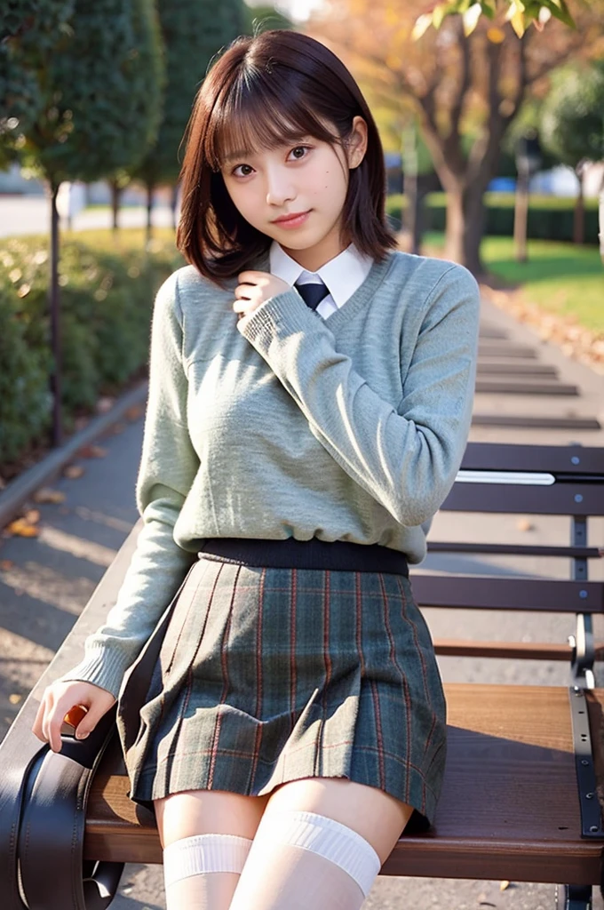 Hair in a ponytail、High school girl uniform white blouse、(8k、Raw、professional、highest quality、masterpiece:1.2)、(Real、Photorealistic:1.37)、Ultra-detailed、(Portrait of an 18-year-old woman)、(Highest Detail Skin:1.2)、(Highest detail face:1.2)、1woman、18-year-old、Black Hair、Long Hair、High 、Japanese High Raw Sailor Suit Uniform、The wind flipped her pleated miniskirt, revealing her white lace panties.)、Sunset sky、The cityscape at dusk can be seen in the distance、golden hour、)、(school uniform1.5、Green blazer 1、Dress shirt 、School emblem 、Emblem 、V-neck sweater 、Green tie、Brown pleated skirt 1.5、Brown checkered skirt 1.5、Green below-the-knee skirt 1.5、Brown knee-high socks 1.5)、スカートはお腹の辺りまで捲くる、しゃがんでスカートを持ち上げる、白いパンティ