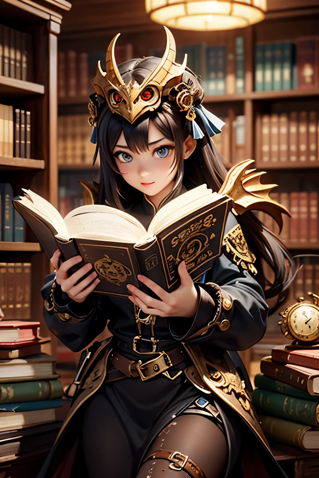 Create an 8K ultra HD digital image of a noble mystical brown-haired Seraphin warrior, longos e lisos, vestido com trajes de batalha da realeza, na sala de estudo do castelo. O guerreiro tem olhos castanhos profundos e pele clara. He is dressed in brown velvet armor with gold and silver accents., Adorned with magical jewels that glow softly. Ele usa uma coroa de ouro com pedras preciosas, gold bracelets on her wrists and a magical amulet around her neck. Na sala de estudo, o guerreiro empunha a Espada de Zeus. The sword is made of celestial gold and emits golden rays, with divine inscriptions along the blade that shine brightly. The hilt of the sword is adorned with small rays and lightning., simbolizando seu poder supremo. He holds the sword in a pose of concentration, pronto para proteger o conhecimento, while electric sparks dance around you. The Sword of Zeus is known for its ability to control thunder and lightning, e uma aura de poder divino emana dela. The study room is a welcoming space with shelves filled with books and scrolls.. A large wooden table is covered with maps and writing instruments. Janelas altas permitem a entrada de luz natural, illuminating the study and reflection environment. The image should capture the erudition and tranquility of the study room, highlighting the warrior&#39;s interaction with the Sword of Zeus.