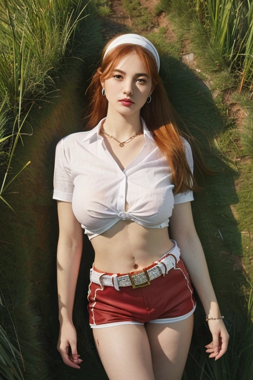 Girl with wings ,big breasts ,thick thighs, White skin,red hair , white polo dress,body tightness, in the sky ,cao mảnh khảnh