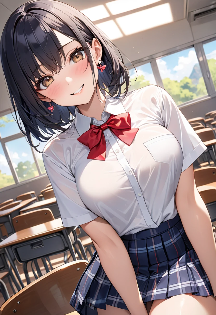 ((table top, highest quality, High resolution, nffsw, perfect pixel, 4K, nffsw, nffsw))), 1 girl, single, alone, beautiful woman、I could see the whole body、 ((short wavy hair, bangs, brown hair)), ((brown eyes, beautiful eyelashes, realistic eyes)), ((detailed face, blush:1.2)), ((smooth texture:0.75, realistic texture:0.65, realistic:1.1, Anime CG style)), medium breasts, dynamic angle, perfect body, ((school uniform, white shirt, black skirt, unbuttoned shirt、plaid skirt、not wearing shoes、white socks)), classroom without people、sit at desk、Lower'I took my foot off the desk................................、evening、、、Very embarrassing panic smile、(lift the skirt with your right hand、open both legs、open your knees wide、pink floral lace panties)、、(Cute floral bra)、angle from below