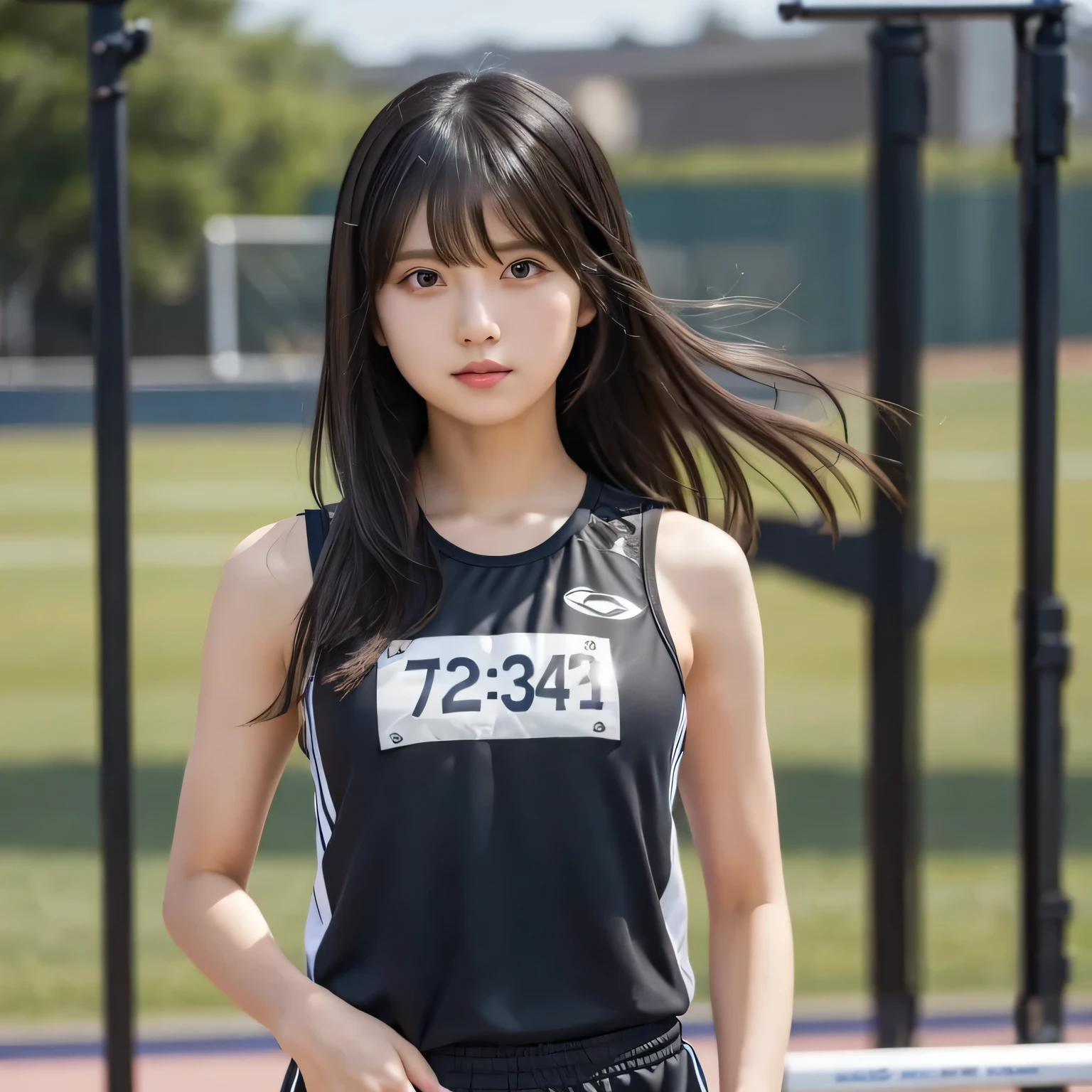  girl, busty,  black hair,  straight hair,  with bangs, track and field uniform, Running Wear,'s greatest masterpiece,  professional lighting,