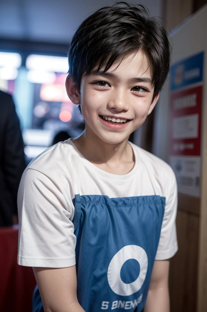 solo, male focus, 1boy, smiling, short brown hair, 1boy, (masterpiece, ultra quality, high resolution, 8k, intricate: 1.2), (detailed face:1.2), handsome, Young Korean man ,white skin, double eyelids , detailed skin, 1boy, ((realistic)), , good lighting quality, , ((pale skin)), have canine teeth, wearina tight jean jacket with tight navy jeans, night, china town street, Discover the soul of Haridwar as he venture through its mystical alleys with river, witnessing captivating rituals and immersing hisselves in the city's rich cultural heritage.