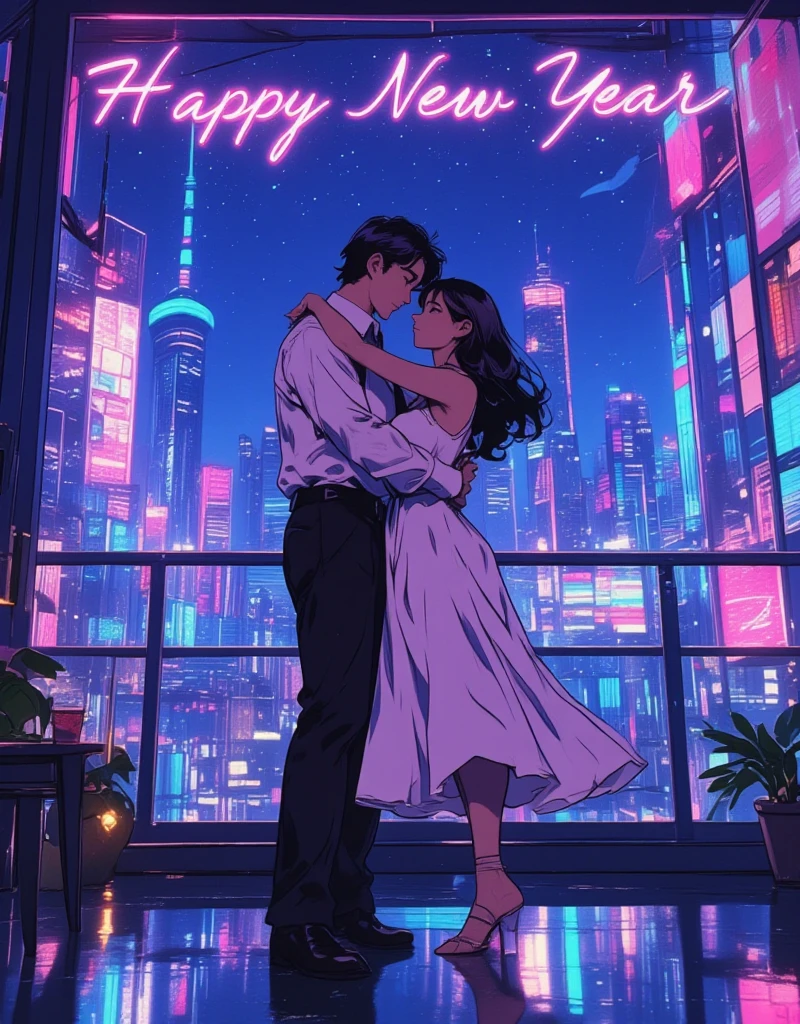 "Happy New Year" will be displayed on the screen as a header. 
†.:ﾟ☆ﾟ:.+City Pop 80s Retro Style Art+.:ﾟ☆ﾟ:.† , 

In the neon lights
A starlit city,
A cocktail night with a swaying dress,
Shooting Star Neon Sign, Neon tube shooting star, 
The two of us dance in the moonlight

Feel the beat to the rhythm
My sweet emotion shines
Dreaming until dawn,
The city lights light up my heart, 
I feel the love, 
Your smile, 

The starry sky blesses

Dance to the rhythm 
A twinkling shooting star, 

This love is never-ending
Midnight love, forever, 
City Pop 80s Retro Music Lofi,  niji journey style. 
GLSHS , 1980s anime style 