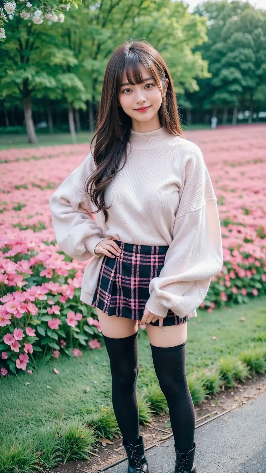 (8k、     RAW photos   、   top quality、masterpiece   :1.2)、(   realistic  、   realistic  )、1 person、((bangs、tights、 boots、Pink knit、 Long Sleeve 、smile、whole body、 Black Plaid Mini Skirt、Flower Field、Narrow waist、 curled hair 、  standing facing you   )、 cute