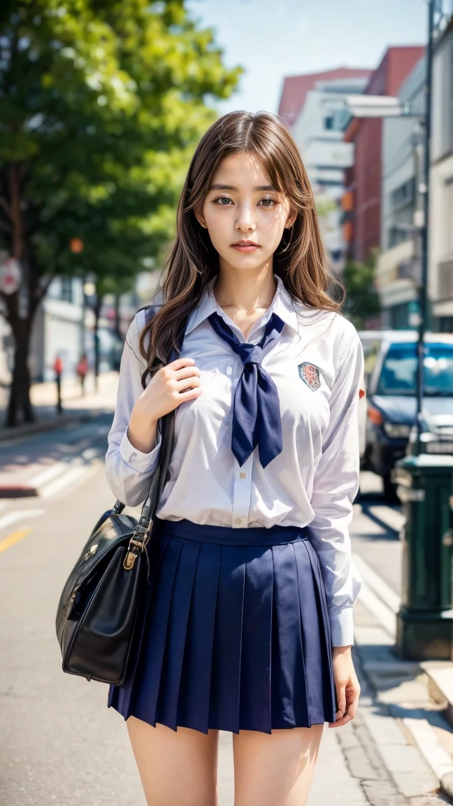 a beautiful 18 year old Japanese high school girl with perfect anatomy, healthy thighs, beautiful legs, beautiful skin, random hair color and style, large breasts, (wearing a Japanese schoolgirl uniform:1.3), (she is standing:1.2), penny loafers, holding a student bag, full body shot, standing on a city street, (best quality,4k,8k,highres,masterpiece:1.3),(extremely detailed:1.2), photorealistic, ultra-detailed, vivid colors, studio lighting, professional, Yuko Araki