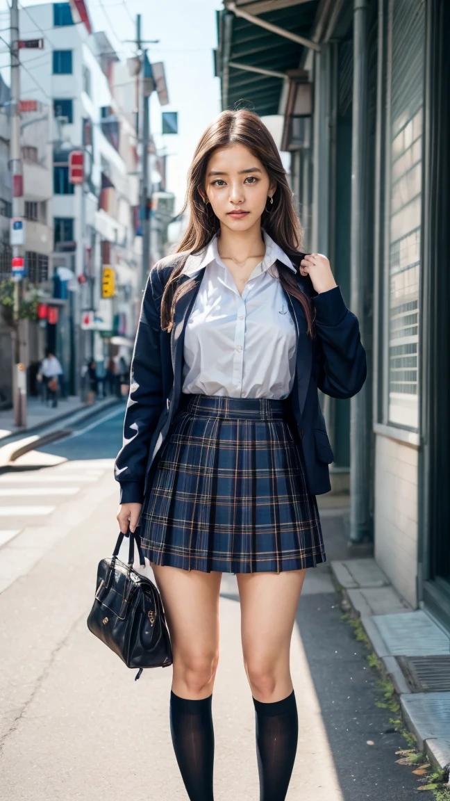 a beautiful 18 year old Japanese high school girl with perfect anatomy, healthy thighs, beautiful legs, beautiful skin, random hair color and style, large breasts, (wearing a Japanese schoolgirl uniform:1.3), (she is standing:1.2), penny loafers, holding a student bag, full body shot, standing on a city street, (best quality,4k,8k,highres,masterpiece:1.3),(extremely detailed:1.2), photorealistic, ultra-detailed, vivid colors, studio lighting, professional, Yuko Araki