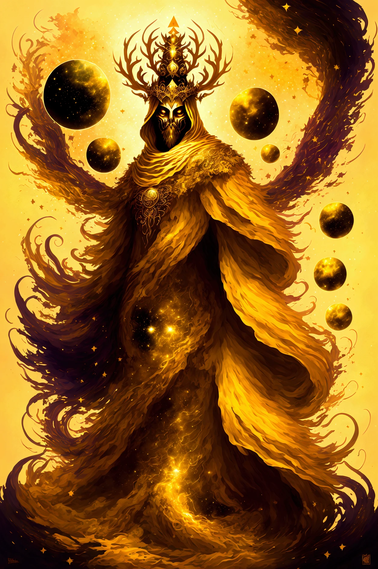 "A surreal, abstract paint splatter artwork depicting 'The King in Yellow' as a mysterious, cloaked figure wearing an antlered mask and crown, standing amidst a cosmic background of swirling galaxies and stars. The color palette consists mainly of gold, white, and black, creating an ethereal and enigmatic atmosphere. The composition features a 10-point pyramid at the base, symbolizing divine order, encircled by a radiant 29-palm circle, with the number 24 subtly integrated into the design, evoking a sense of otherworldly elegance and intrigue