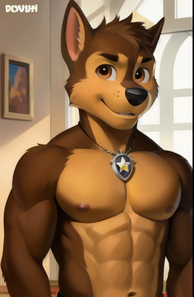 detailed fluffy fur texture, impasto-impressionism , (authors foxovh, Ross Tran, Mikhail Garmash , Pinot Daeni, A SPARK), detailed eyes , highly detailed pupils , Single, fluffy, antro, Chase-PP , domestic dog, pectoralis major muscle, male dog, brown eye , brown fur , light brown body, muscular body, fully naked boasting , muscular, очень muscular, underwear erection ,