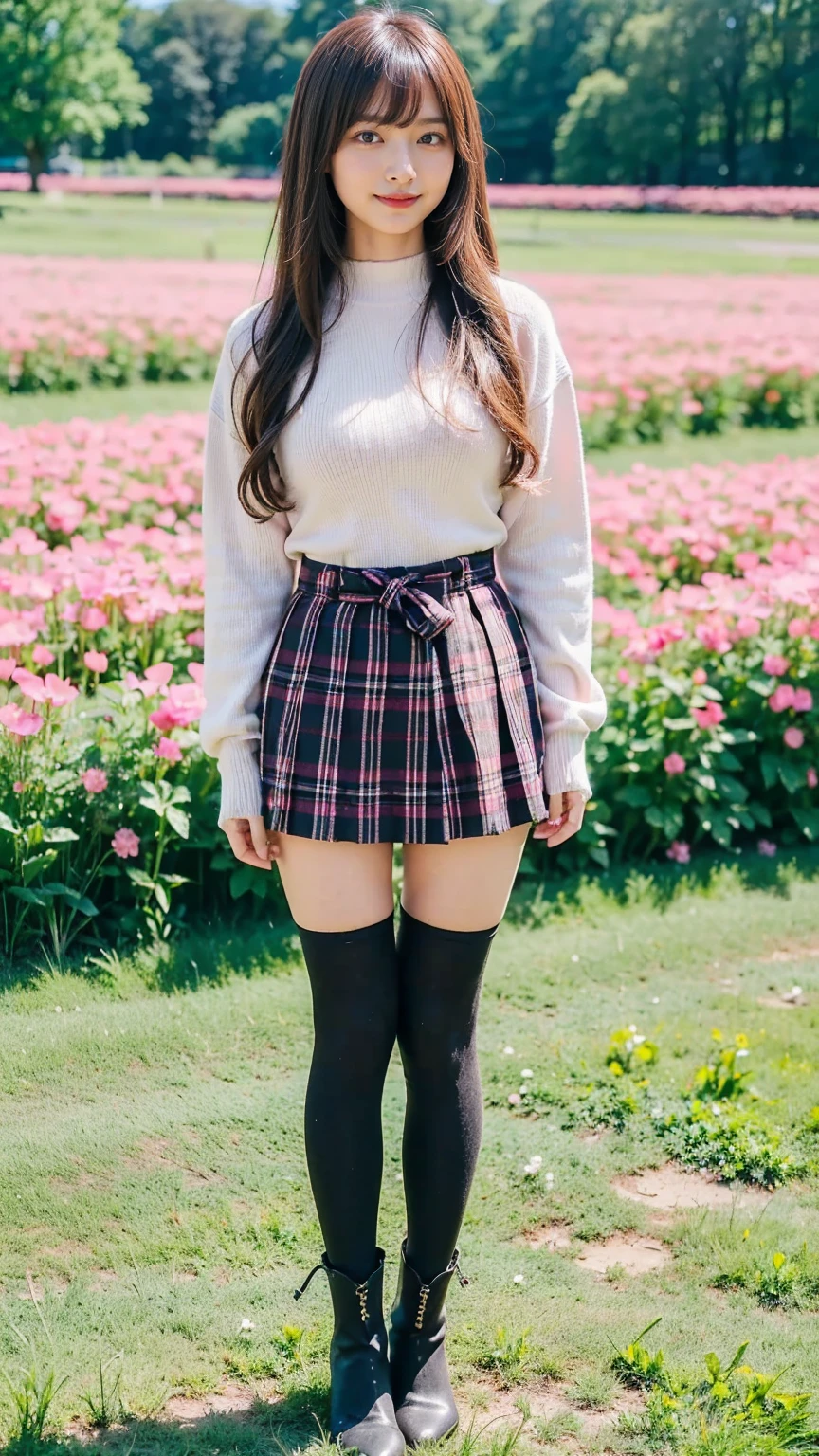 (8k、     RAW photos   、   top quality、masterpiece   :1.2)、(   realistic  、   realistic  )、1 person、((bangs、tights、 boots、Pink knit、 Long Sleeve 、smile、whole body、 Black Plaid Mini Skirt、Flower Field、Narrow waist、 curled hair 、  standing facing you   )、 cute