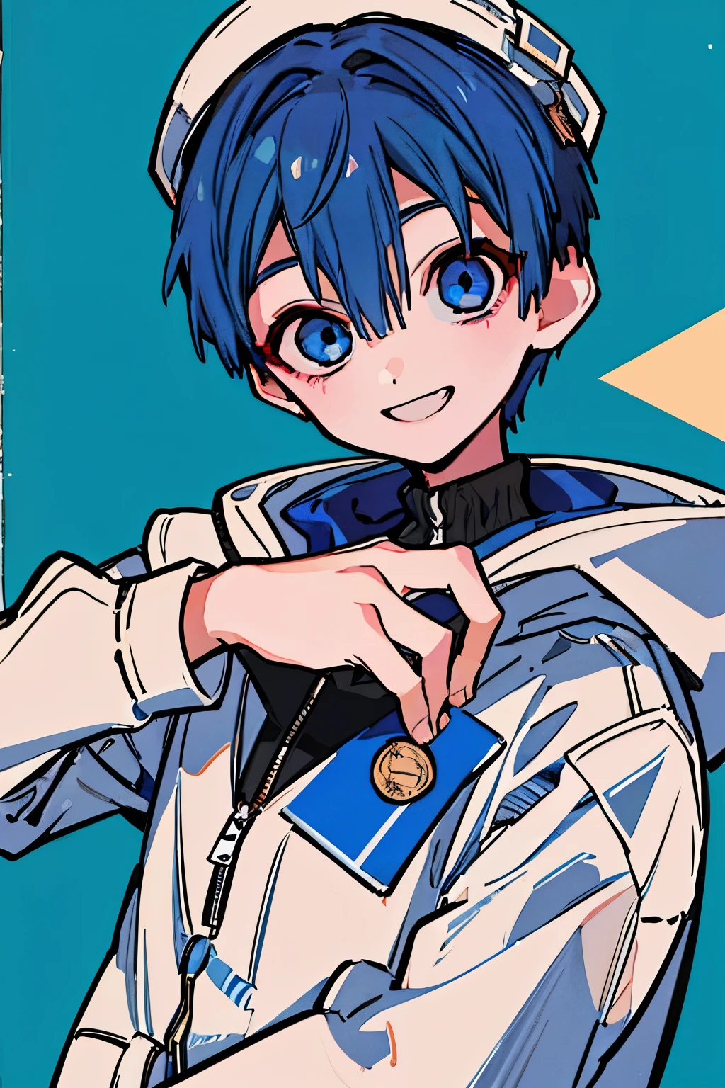 illustration, U high res, retina, masterpiece, Accurate, is entangled with his hands and feet in front of an anatomically correct , super detailed , high detail , High Quality , award , 最 High Quality , high res, excellent anatomy, 1080P, high res, 4K, 8k, 16k, 1 boy, Hide your hands, dynamic pose, androgynous,upper body portrait, detail eyes, Detailed clothing, detailed hair, rendering, 5 fingers, portrait, Aidaro, I'm wearing a light blue hoodie, Dark navy blue hair,fluorescent blue eyes ,smile, icon, plain background, very short hair ,Hide your hands
