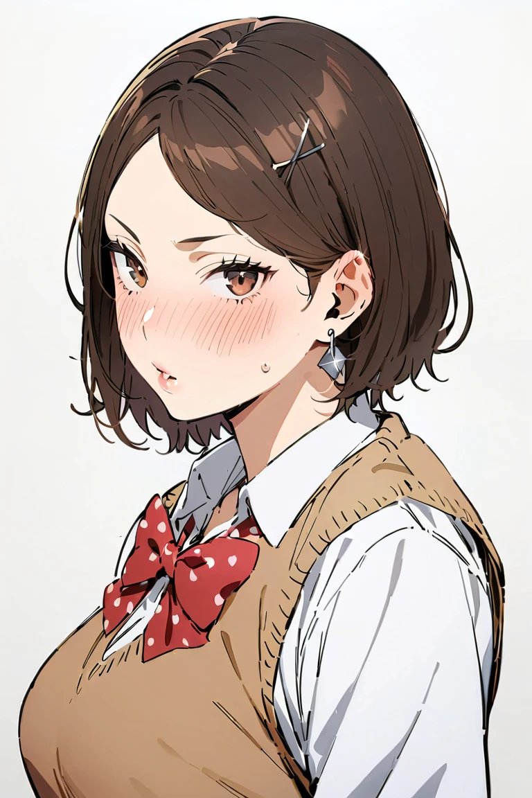 (masterpiece, best quality, high quality, highres, ultra-detailed), haikyuu character, brown-vest, 1girl, solo, looking at viewer, tsundere, blush, short hair, dark brown hair, hair ornament, bow, brown eyes, school uniform, white shirt, red bow, kogal gyaru, bangs held up with a hairpin on top of her head open forehead!! , plump pink lips made up with glitter, fair skin, long pink with sequins manicure, long rectangular silver earrings