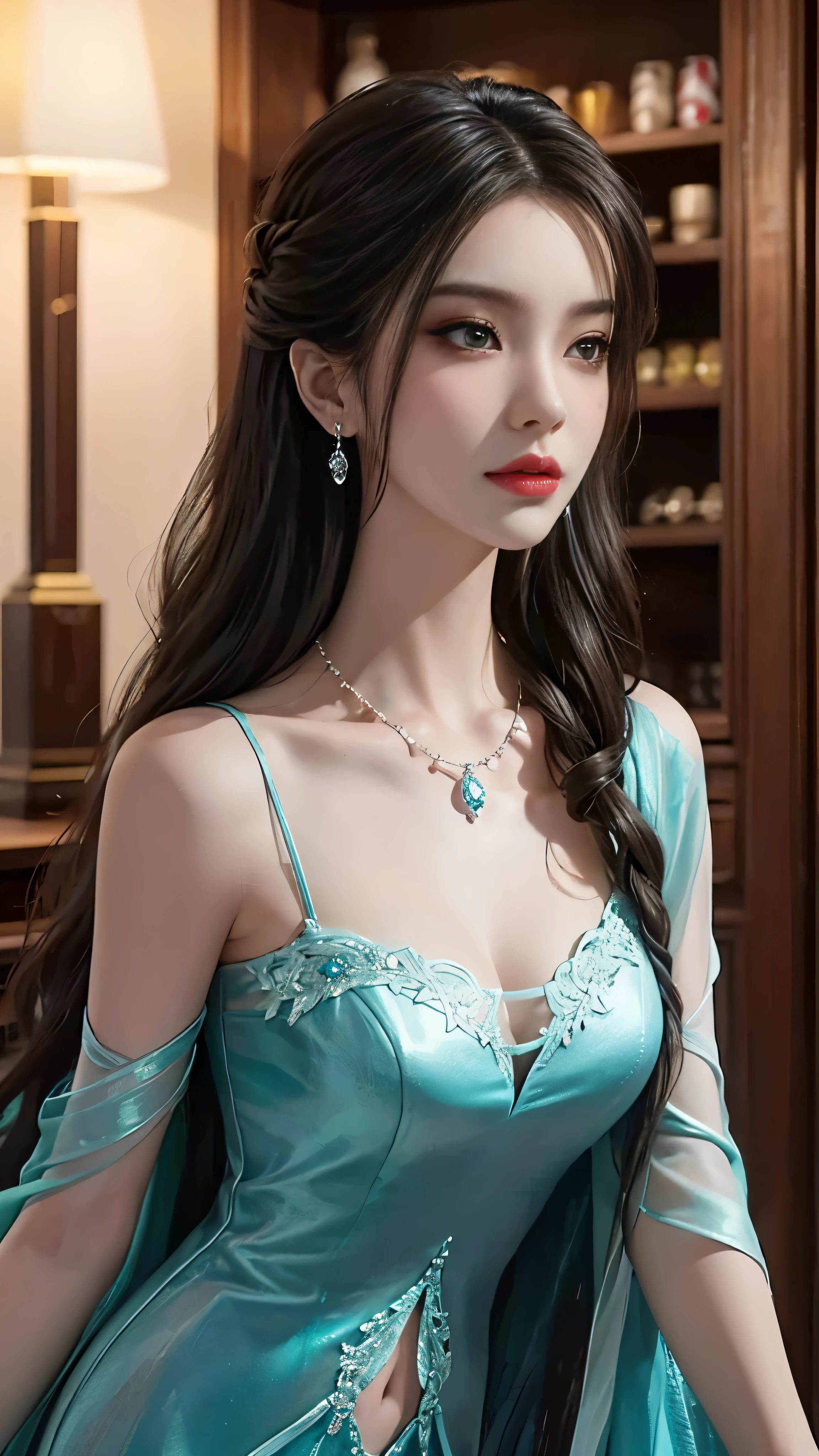 ((whole body)), ((from below)), Yushuxin,1 girl,alone, ((stand up, leaning on ledge)), ((lean forward)), ((The features are clear, clear face, clear face)), red lips, cosmetics, close-up, elegant pose, seductive pose, Perfect Curve, Slim, sexy, big breasts, split, beautiful legs, charming gaze, bite lip, messy long hair, Simple and casual scene, Very detailed, Ultra-clear, best quality, official art, exquisite earrings, exquisite necklace, Very detailed description, Super beautiful painting, Sophisticated functionality, Elegant, beautiful, Super fine details, masterpiece, Authentic texture, Realistic movie lighting, masterpiece, best quality